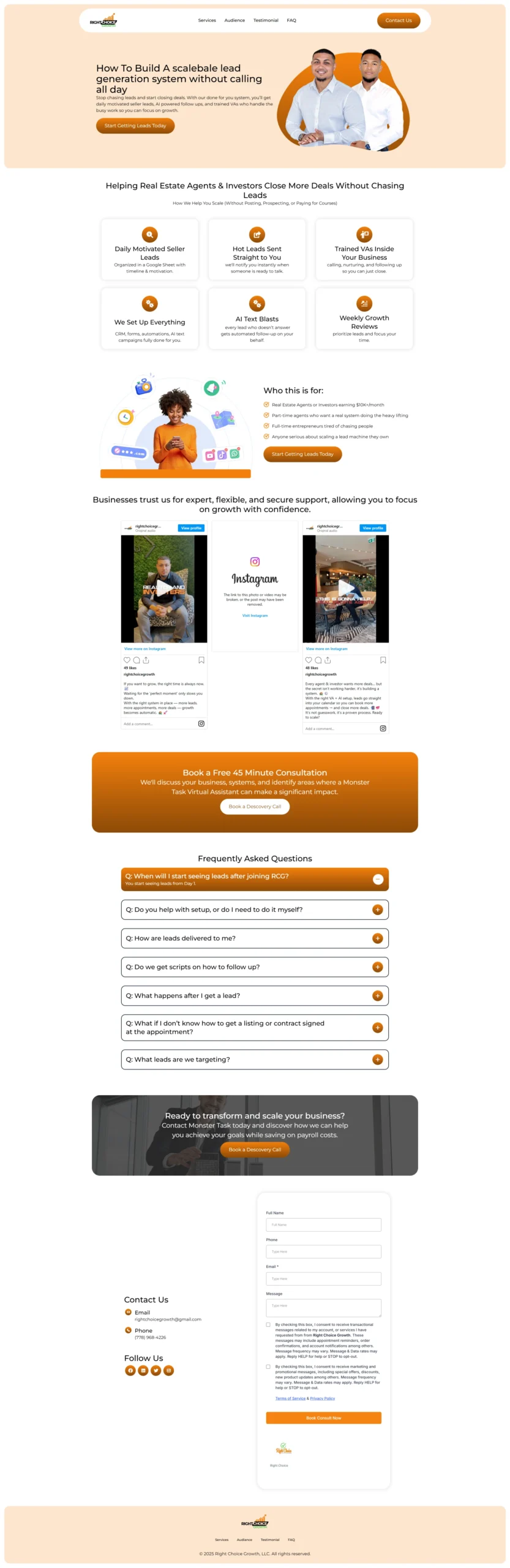 A long-form landing page for lead generation services for real estate agents and investors, featuring an orange and cream color scheme, customer testimonials, and an extensive FAQ section.
