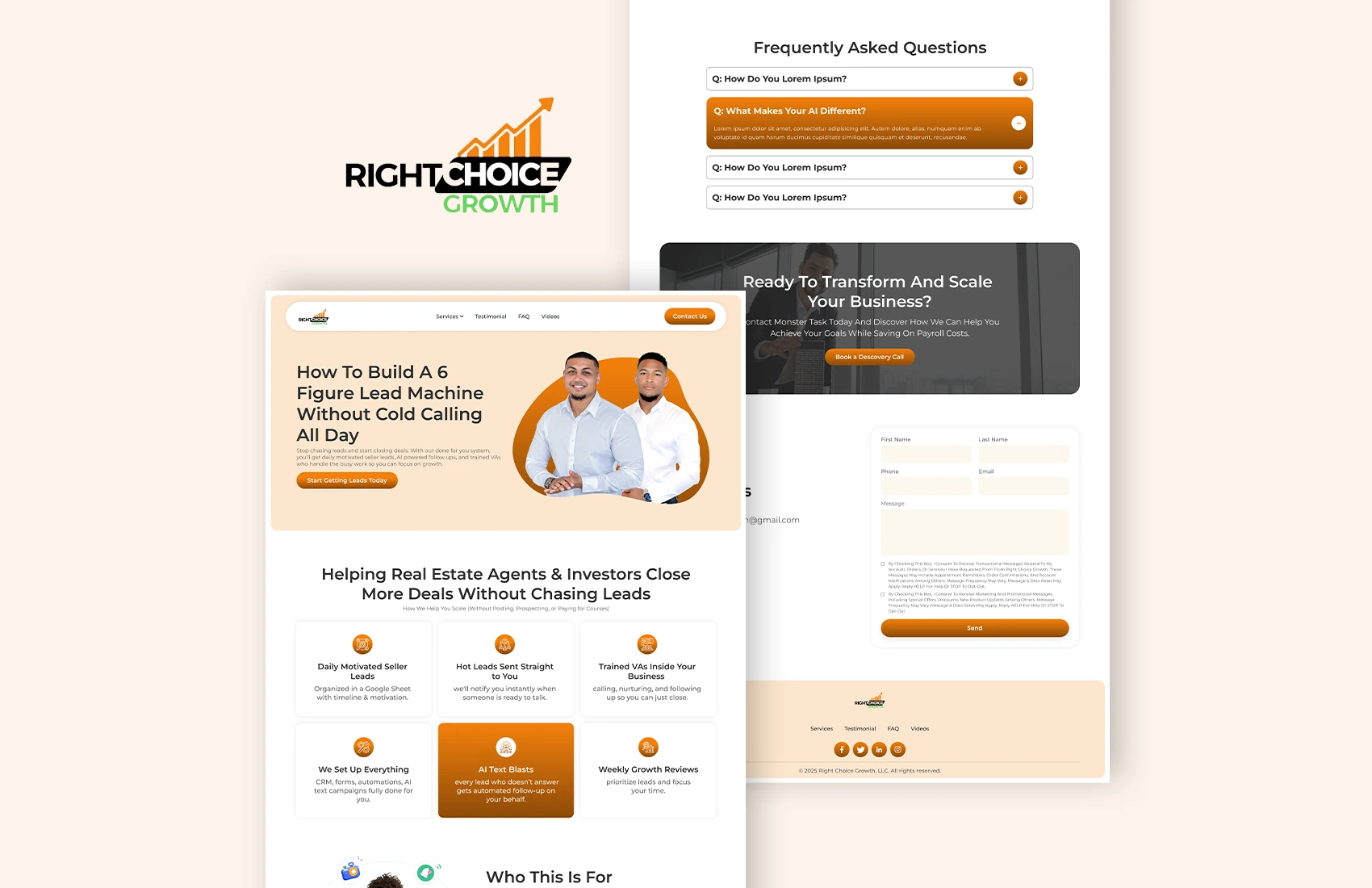 A professional lead generation website mockup featuring a bold headline for real estate investors, a six-point service grid, an FAQ accordion section, and a conversion-focused contact form with a minimalist orange and white aesthetic.