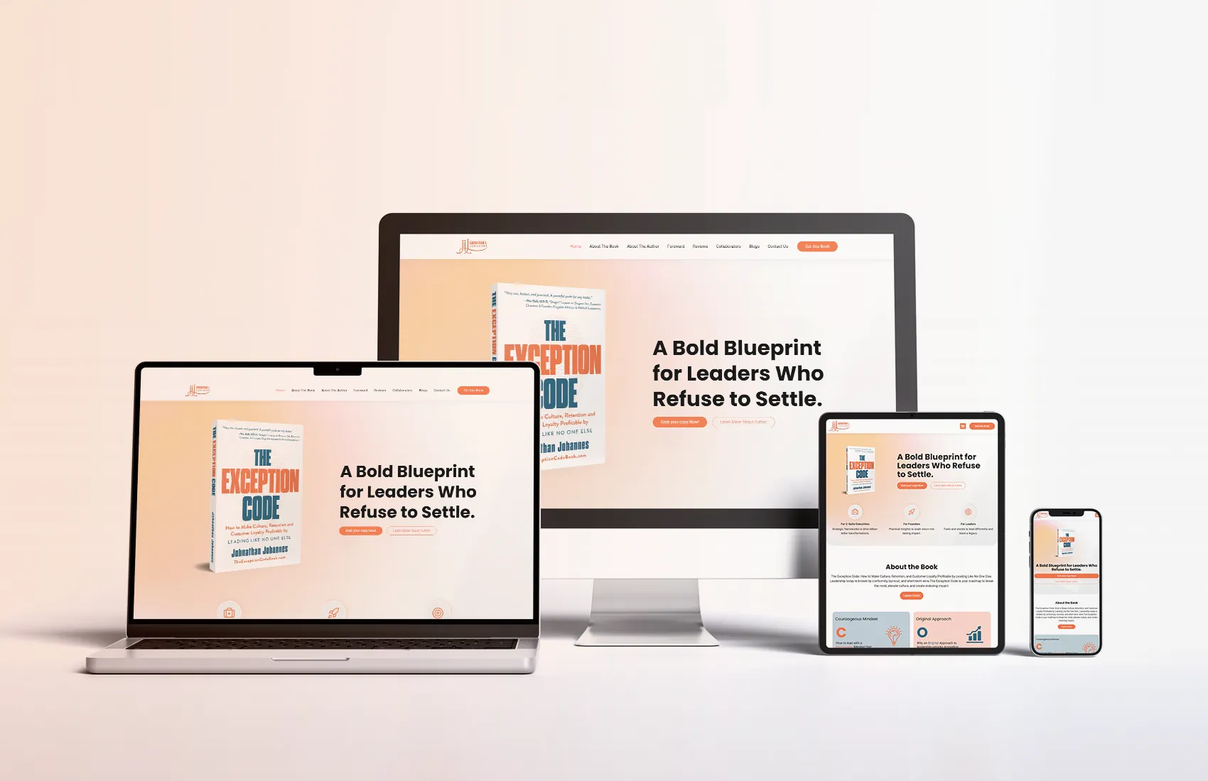 Responsive website mockup for a leadership book landing page, displayed across a desktop monitor, laptop, tablet, and smartphone.