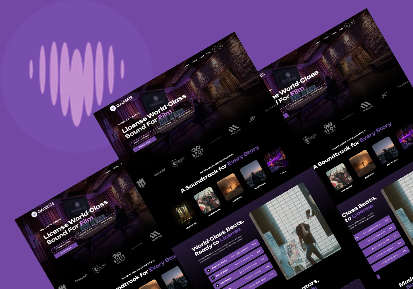 Mockup of a dark-themed music licensing website featuring cinematic hero sections, a categorized soundtrack gallery, and a waveform-style audio player interface.