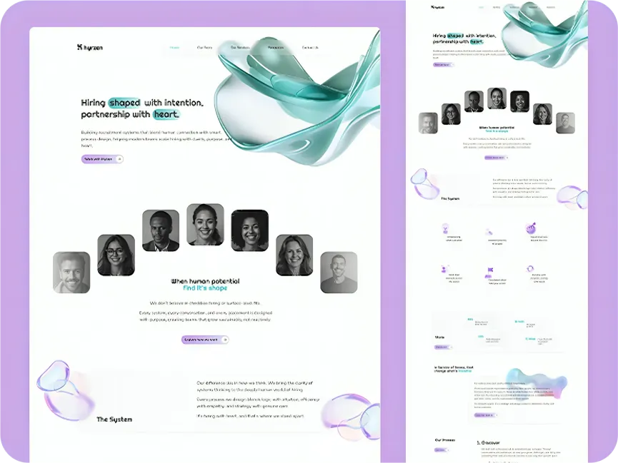 A recruitment agency landing page featuring a high-concept hero section with 3D fluid glass graphics, a team portrait gallery, a process workflow section, and a minimalist service overview.