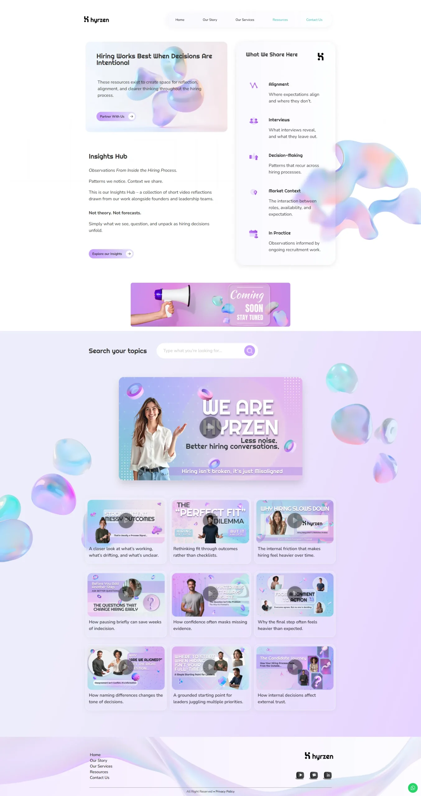 A recruitment agency resources page featuring an "Insights Hub" with a grid of educational video thumbnails, minimalist 3D fluid graphics, and a clean, light-purple aesthetic.