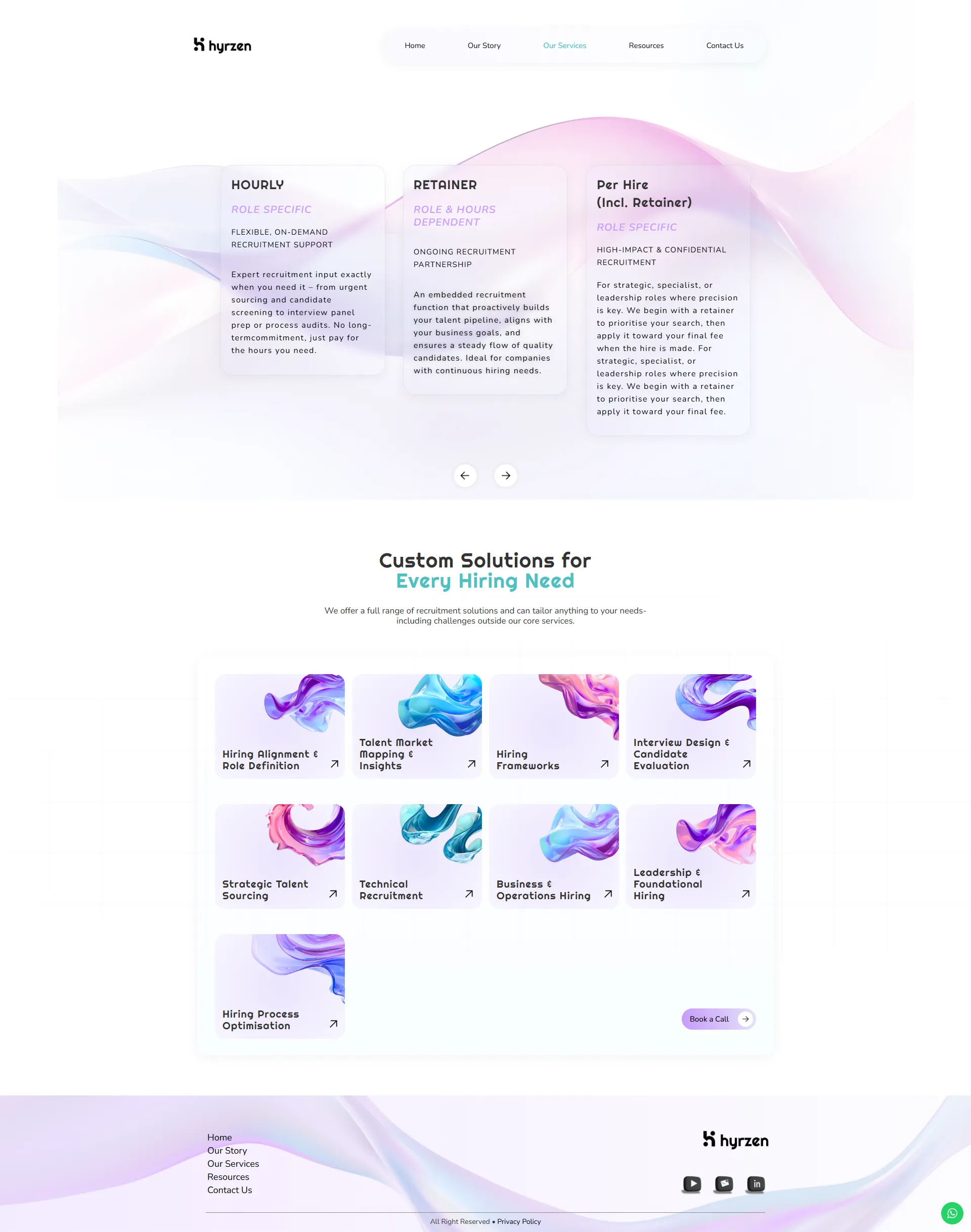 A recruitment services page featuring three tiered engagement models (Hourly, Retainer, and Per Hire) and a grid of custom hiring solutions, using a clean design with abstract fluid 3D graphics and soft purple gradients.