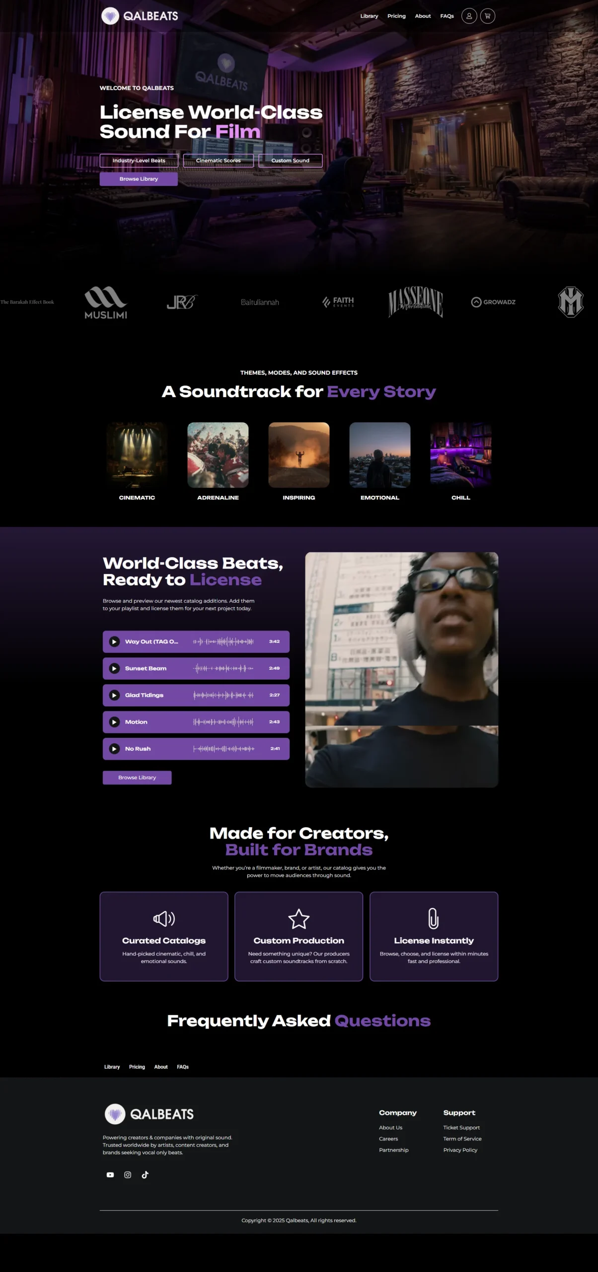 A dark-themed music licensing landing page featuring a cinematic studio hero image, a categorized soundtrack gallery, and a waveform audio player interface.