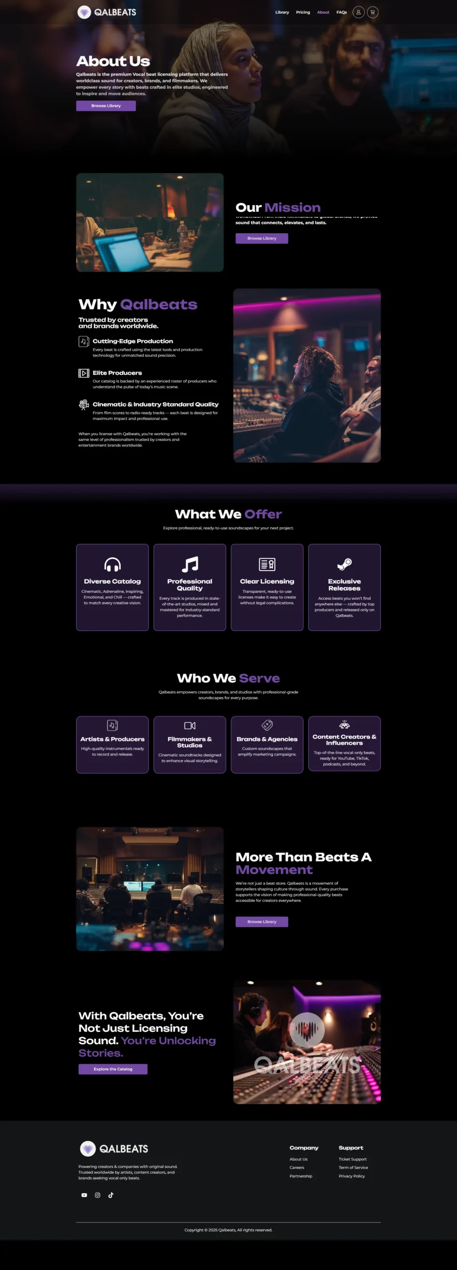 A long-form "About Us" page for a music licensing platform featuring sections for their mission, value propositions with producer imagery, a "What We Offer" service grid, and a "Who We Serve" target audience section, all set against a dark, cinematic background.