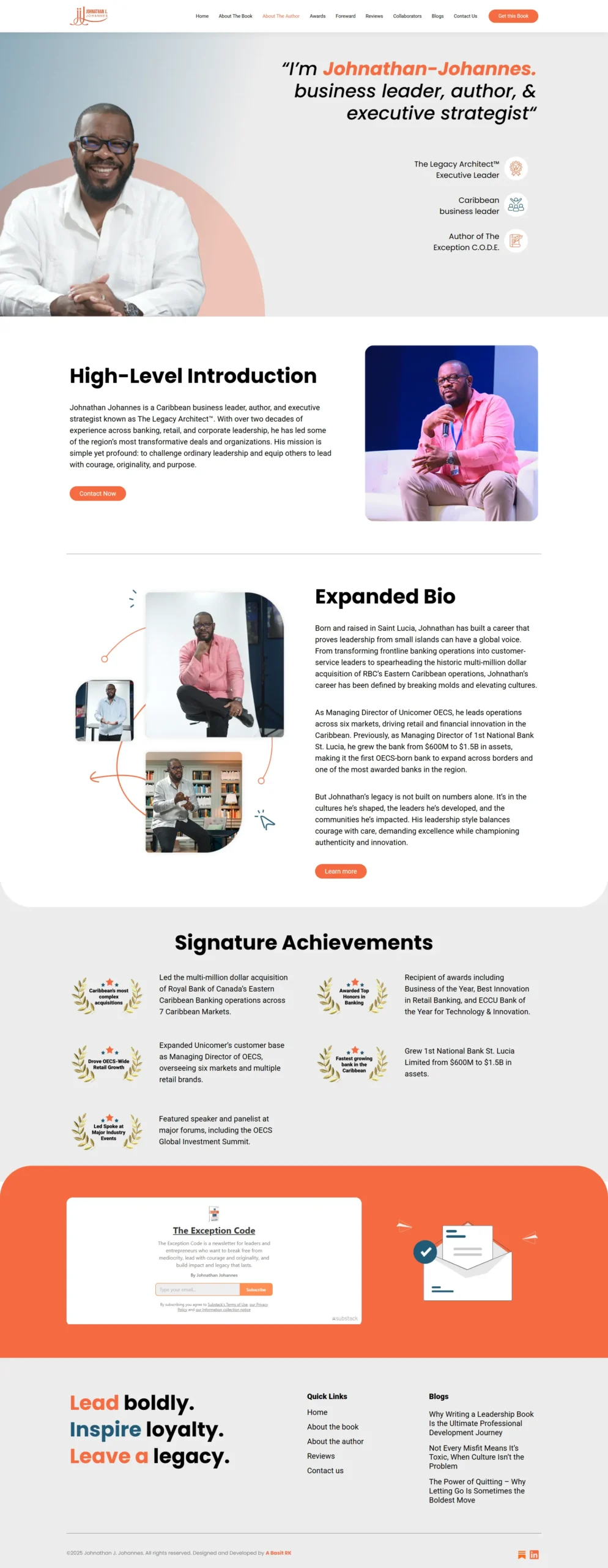 A professional author and executive strategist's landing page featuring a high-level introduction, an expanded biography with a photo gallery, a grid of signature achievements, and a newsletter subscription footer.