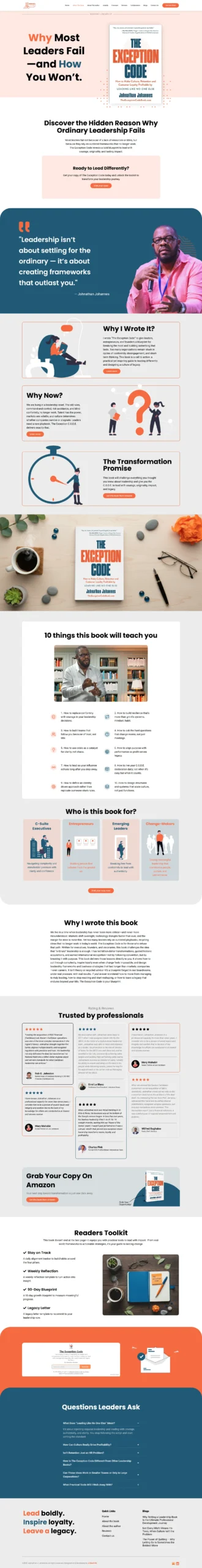 A landing page for a leadership book featuring value proposition banners, key takeaways, target audience profiles, reader testimonials, and an FAQ section.