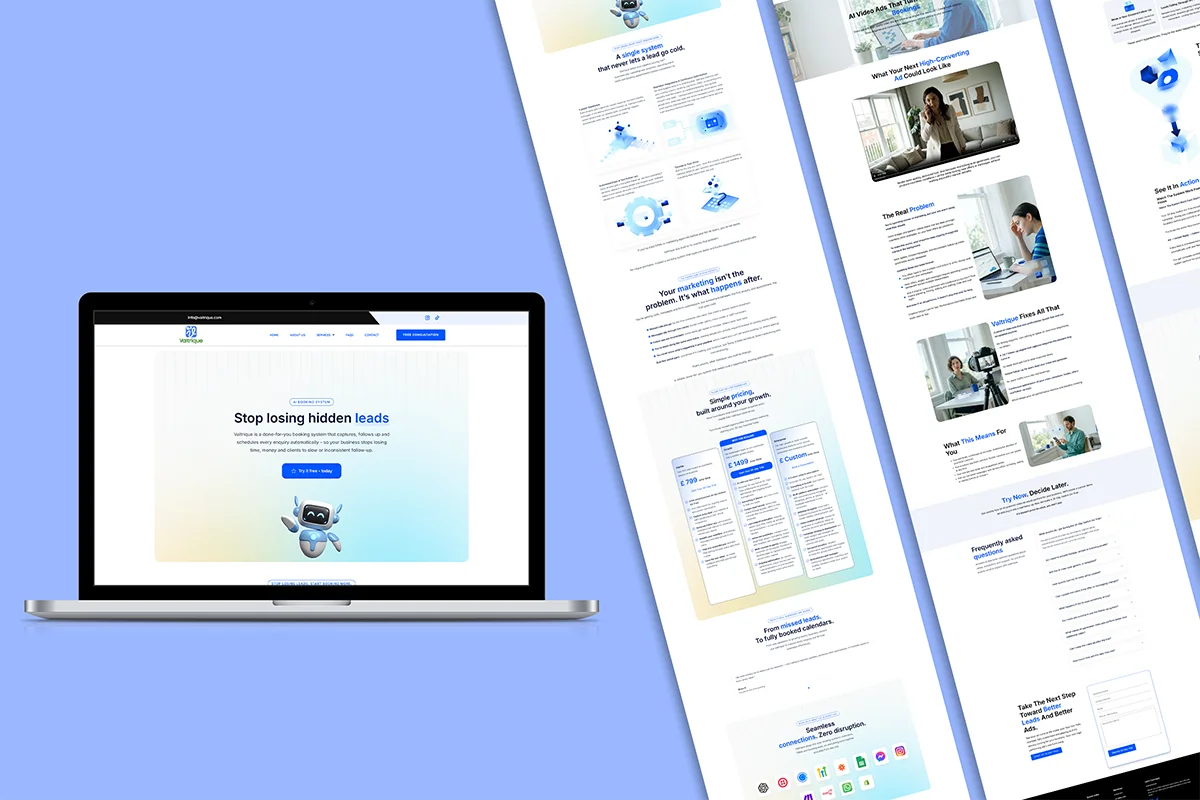 Mockup of an AI-driven lead generation and booking website, displayed on a laptop screen and as an extended vertical landing page layout, featuring a pricing table, service features, and an FAQ section.