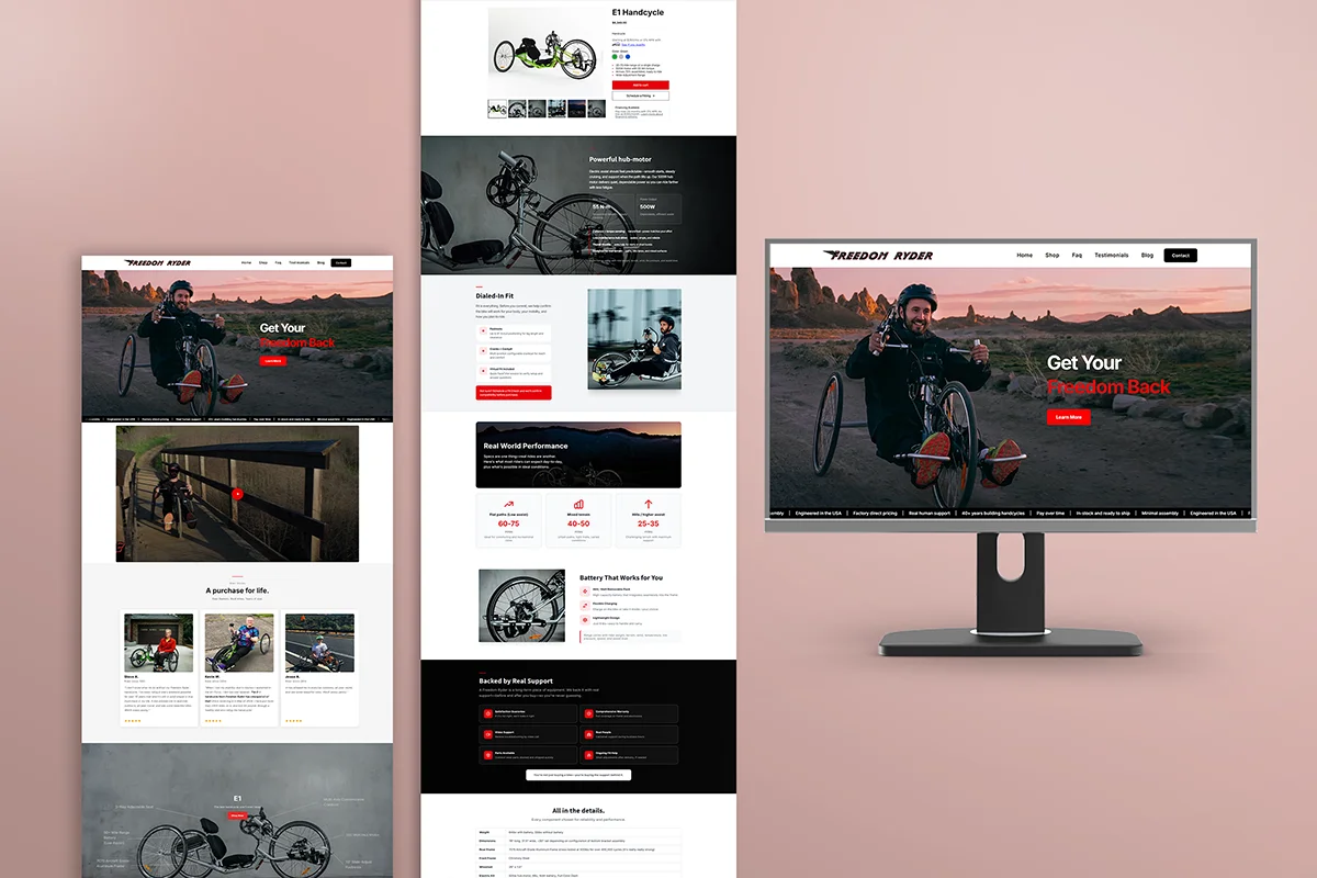 A professional e-commerce website showcasing adaptive handcycles, featuring a high-impact hero banner on a desktop monitor, a product detail page with technical motor specifications, and long-form mobile layouts highlighting performance metrics, battery life, and customer testimonials.