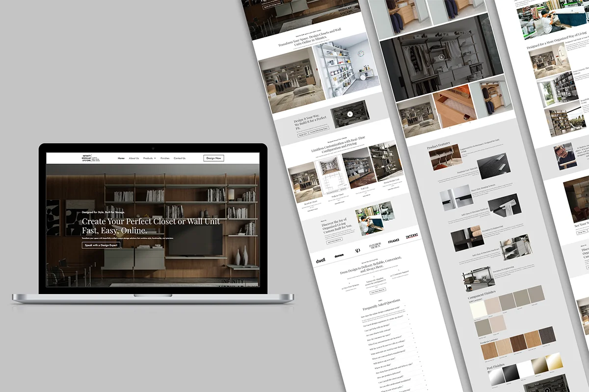 Mockup of a custom modular furniture website on a laptop and as tiled landing page sections, featuring high-end interior photography and material finishes.