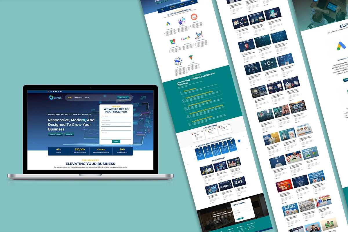 A digital marketing agency website mockup displayed on a laptop screen and as tiled vertical scrolling sections, featuring service grids for SEO and PPC, a results-driven process diagram, and a comprehensive blog gallery.