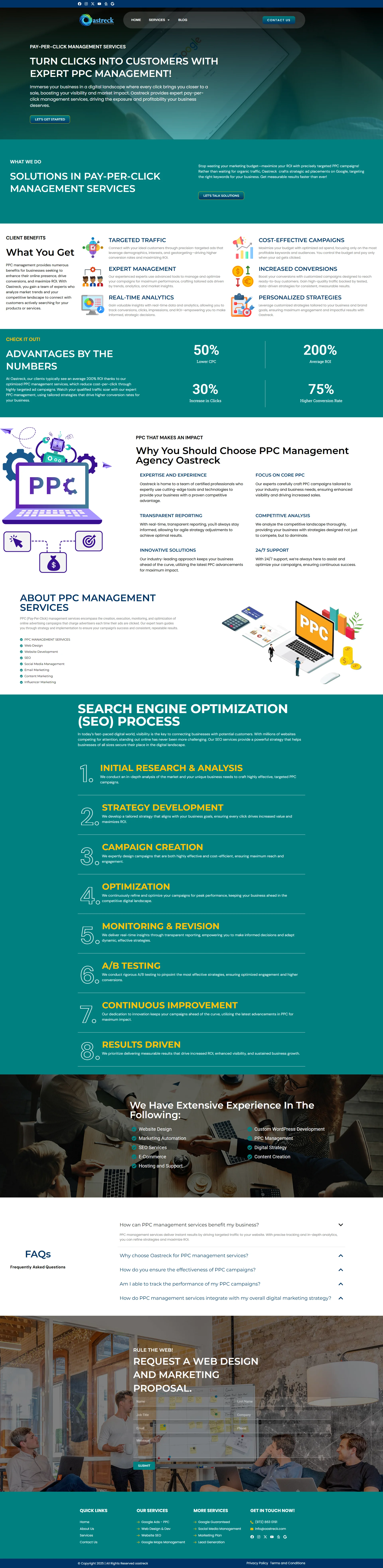A PPC management service landing page featuring a value proposition hero section, a statistical achievement banner, a detailed eight-step SEO process timeline, an industry experience checklist, and an FAQ section ending with a proposal request form.