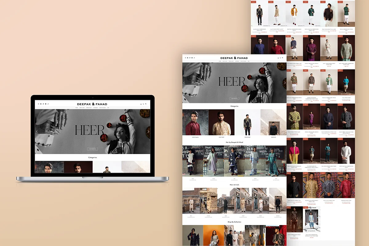 Professional Shopify e-commerce store mockup of a luxury fashion, featuring a high-end "HEER" collection hero banner on a laptop and comprehensive vertical mobile scrolls showcasing traditional menswear product grids, designer categories, and new arrivals.