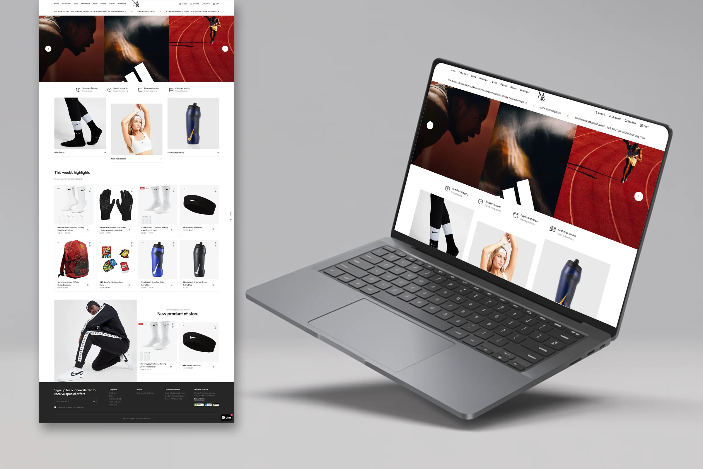 Responsive e-commerce website mockup for a sports apparel store on a laptop screen, featuring a high-impact athletic hero banner, product grids for fitness accessories, and a minimalist gray background.