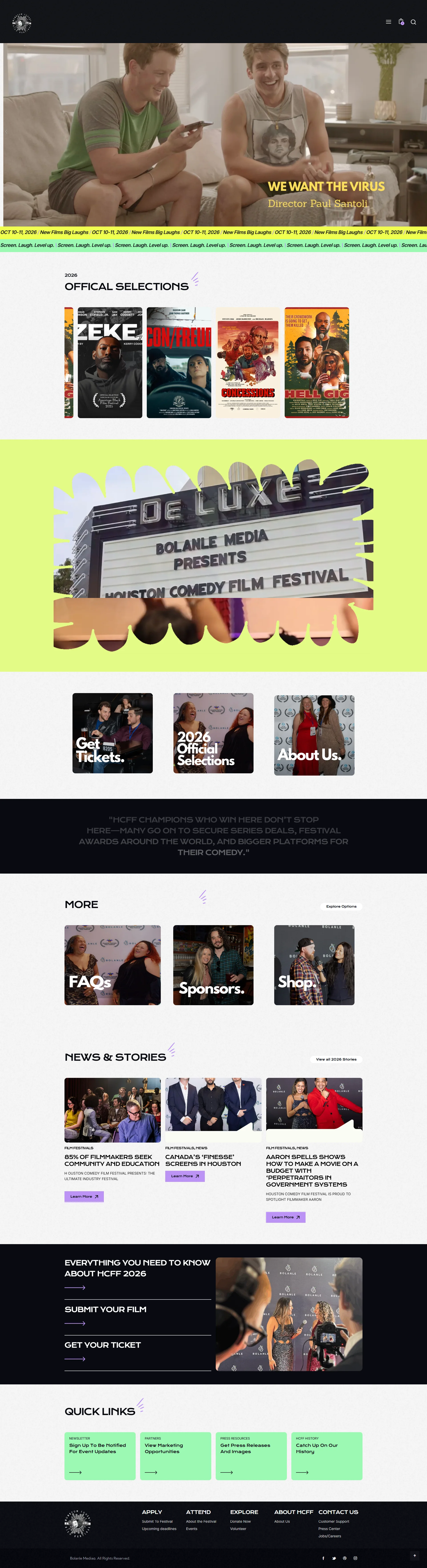 A vibrant landing page for the Houston Comedy Film Festival featuring a "WE WANT THE VIRUS" film hero banner, an official selections poster gallery, event information cards, news and stories grid, and a bright green quick links footer.