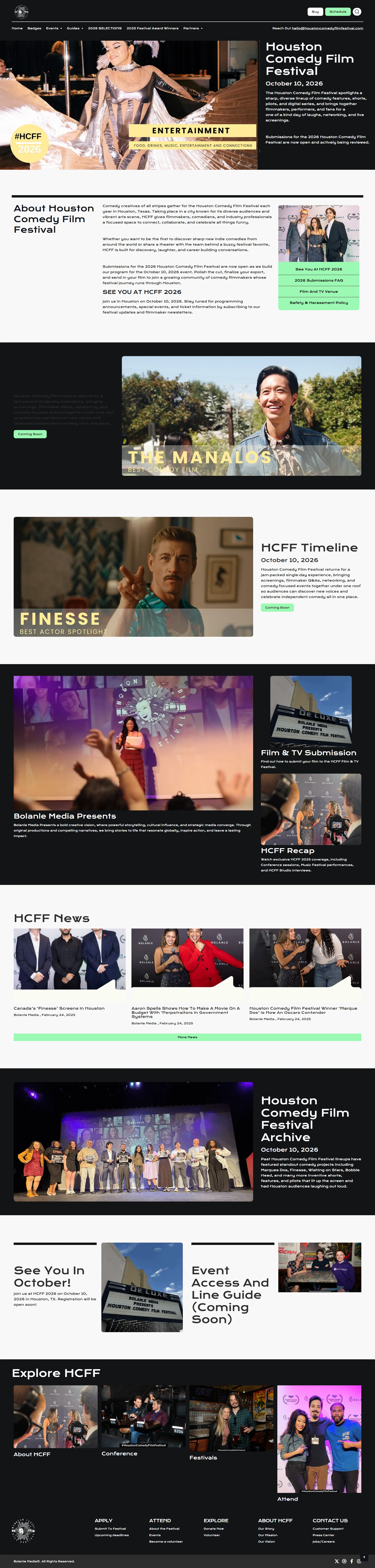 Event landing page for the Houston Comedy Film Festival featuring cinematic hero images, festival timelines, a news section, and a photo gallery archive with a high-contrast dark theme.