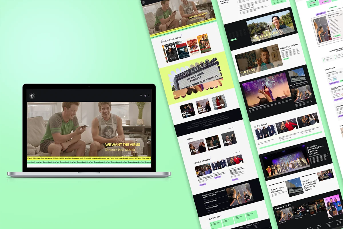 Professional website mockup displayed on a laptop and multiple mobile scrolls, featuring official movie selection posters, a "We Want the Virus" hero section, festival timelines, news grids, and event sponsorship details in a modern lime green and black theme.