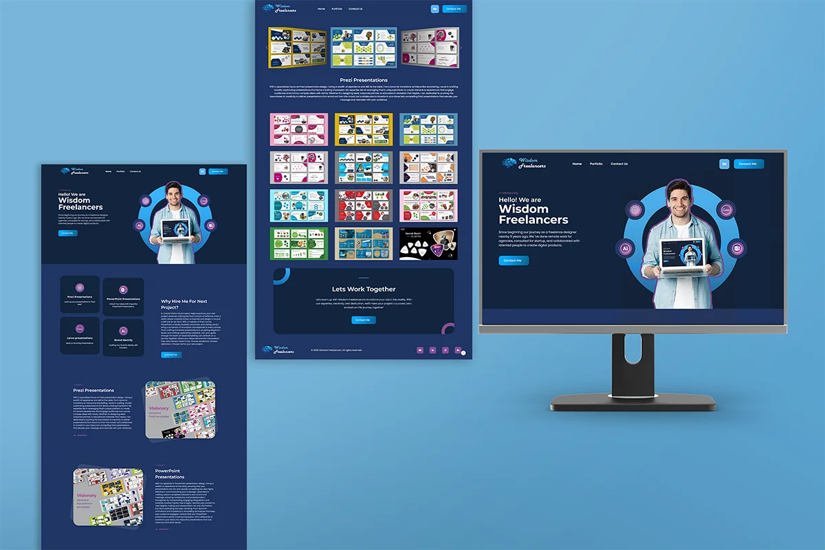 A professional dark-themed portfolio mockup displayed on a desktop monitor and long-form mobile scrolls, featuring presentation design services for Prezi and PowerPoint, a project gallery, and client collaboration sections.