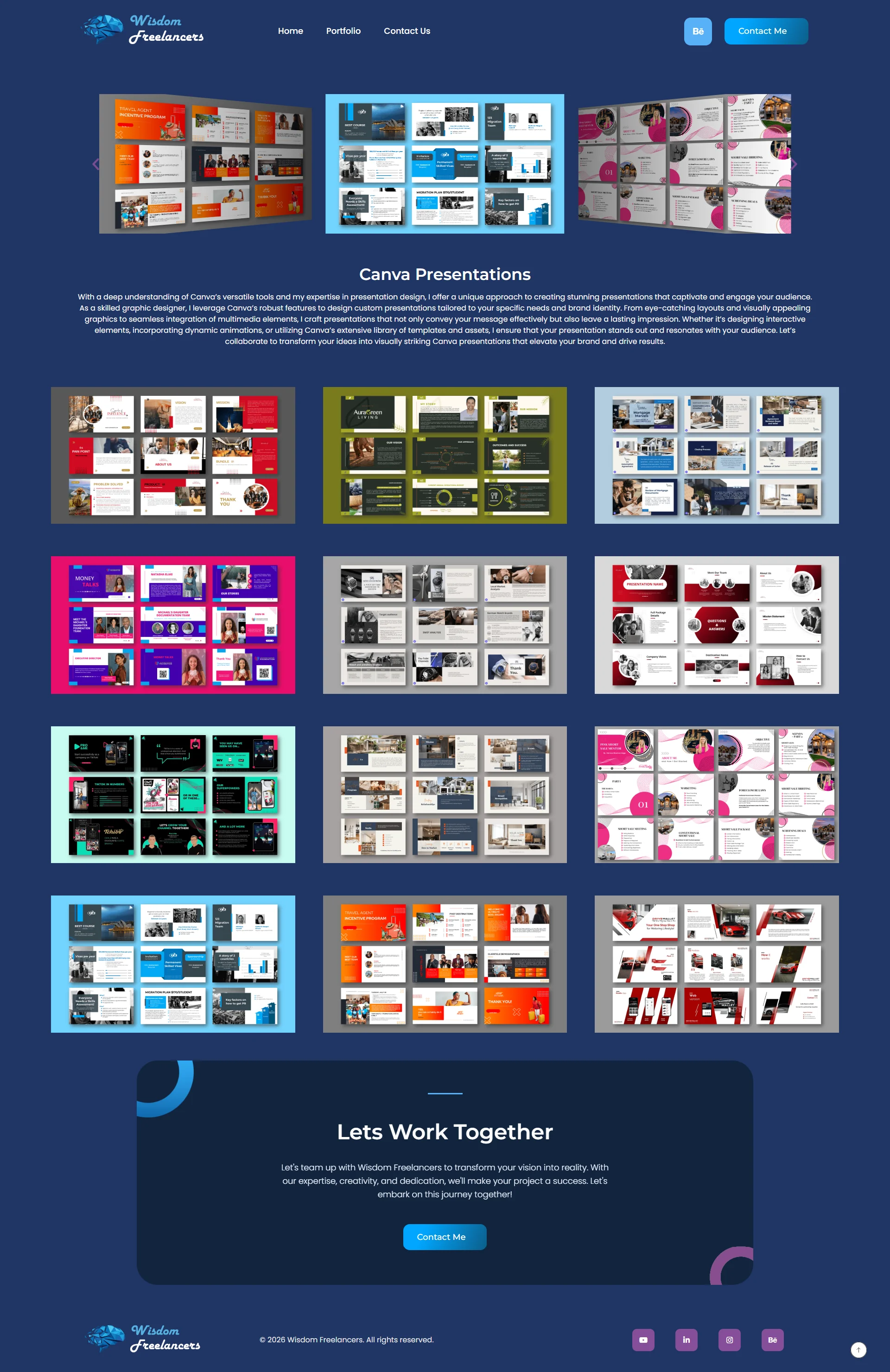 A Canva presentations service page for Wisdom Freelancers featuring a gallery of colorful, modular slide deck templates, a detailed description of design expertise, and a "Let's Work Together" call-to-action against a dark blue background.