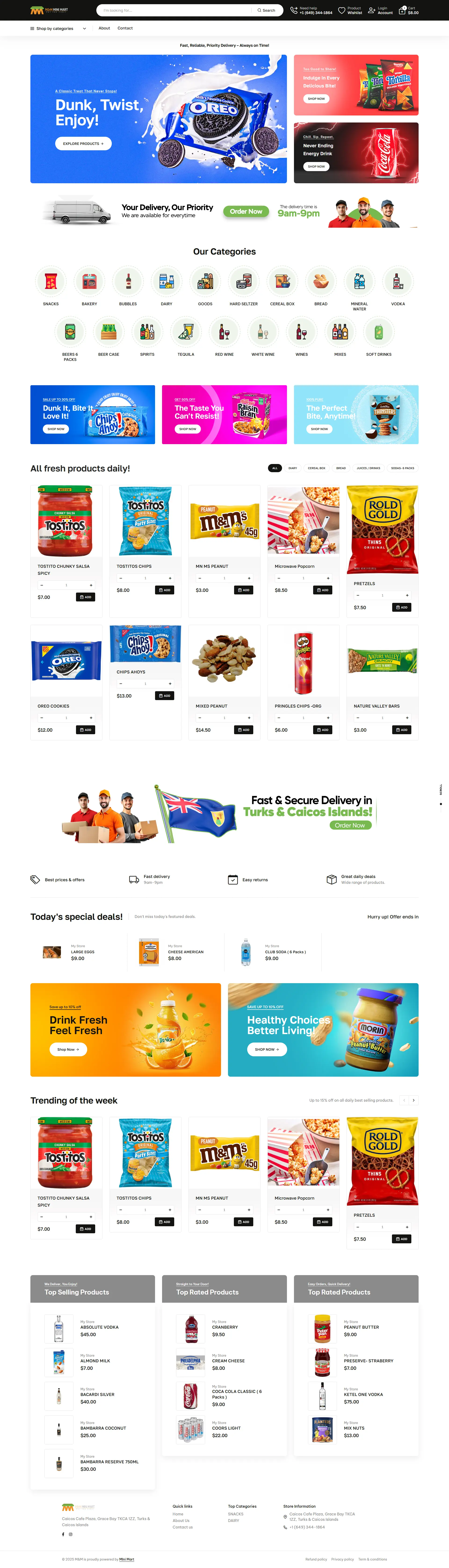 E-commerce grocery landing page featuring a large Oreo hero banner, a categorical icon grid for snacks and beverages, a daily fresh products gallery with price tags, and special deal banners for fast delivery in Turks and Caicos.