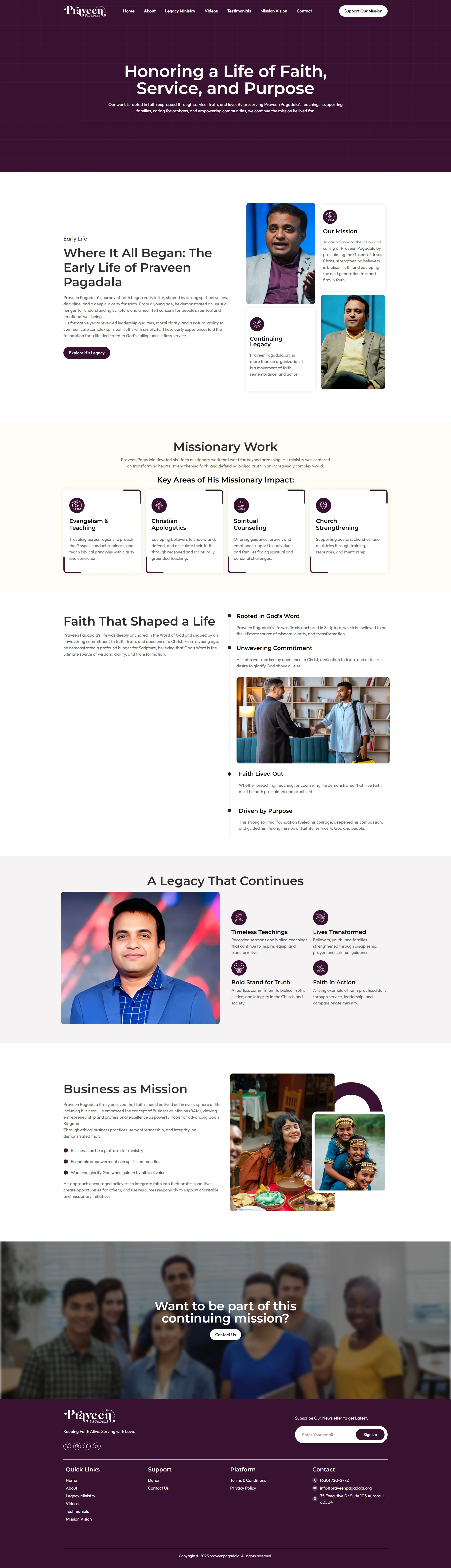 A memorial landing page titled "Honoring a Life of Faith, Service, and Purpose" featuring biographical section, missionary work impact areas, a legacy gallery, and a dark purple footer with a "Want to be part of this continuing mission?" call-to-action.