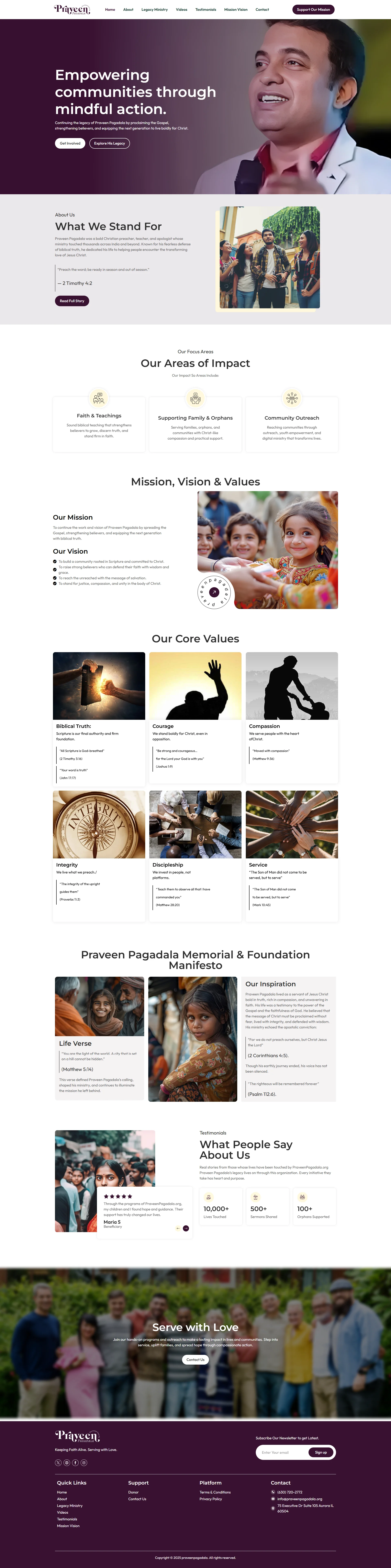 A comprehensive non-profit foundation landing page featuring mission and vision sections, a core values grid, community impact stories, a "What People Say" testimonial section, and a professional dark purple footer with quick links and contact details.