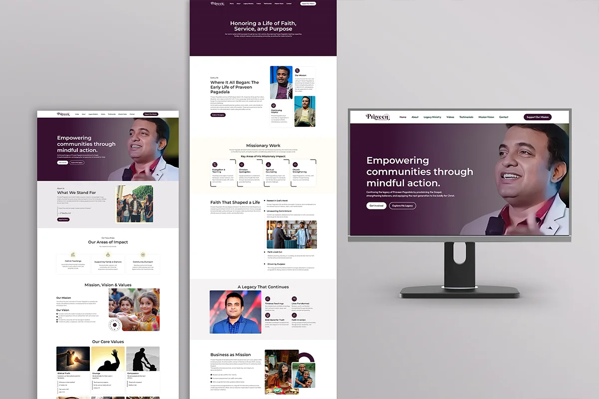A professional nonprofit website mockup featuring a "Mission and Vision" hero section on a desktop monitor, with long-form mobile layouts showcasing missionary work areas, community impact stories, core values, and a legacy gallery in a deep purple and white theme.