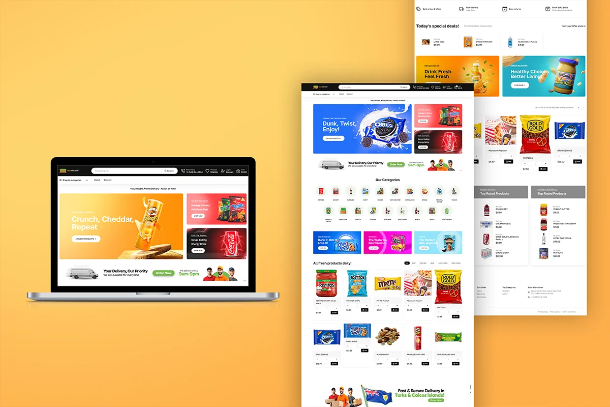 A professional e-commerce website mockup for a grocery delivery service displayed on a laptop and vertical mobile scrolls, featuring a Pringles hero banner, categorical icon navigation for snacks and beverages, and a product grid showcasing snacks like Oreo and Tostitos with pricing for Turks and Caicos.
