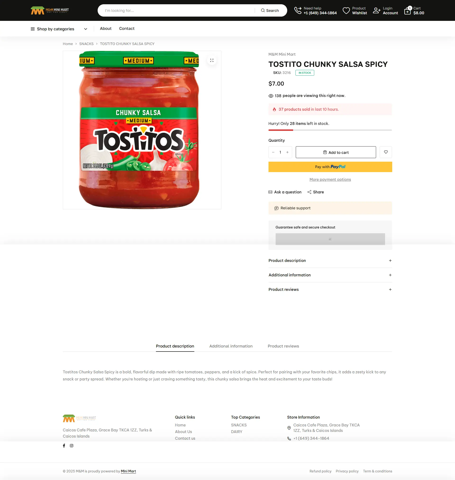 E-commerce product page for Tostitos Chunky Salsa Spicy, featuring a high-resolution product image, price in USD, "Add to cart" and PayPal payment options, live stock alerts, and a detailed product description footer.