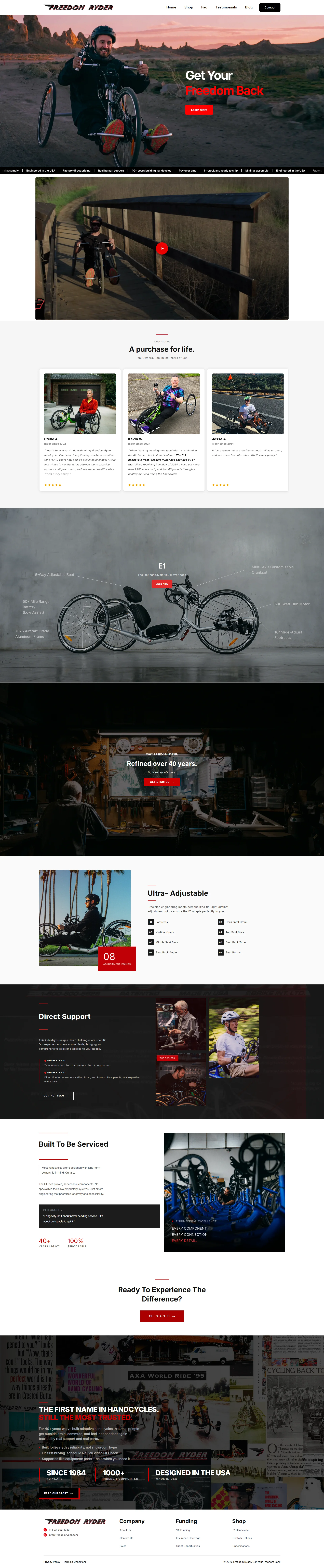 A modern e-commerce website for adaptive handcycles and recumbent trikes, featuring product showcases, technical specifications, customer stories, and a factory service section.