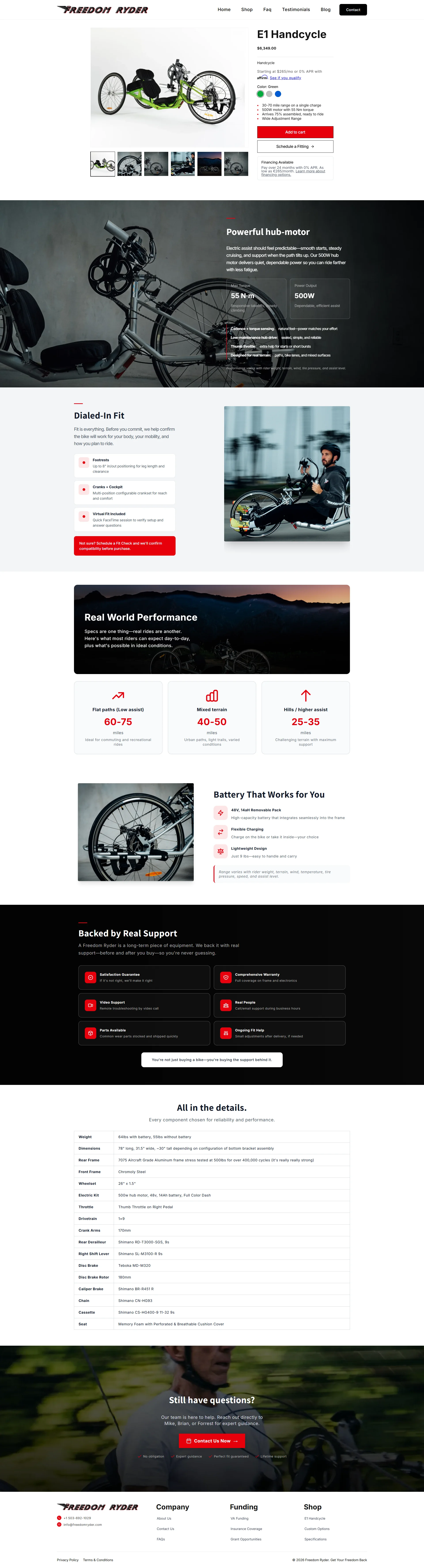 An e-commerce product page for an adaptive electric handcycle, featuring technical specifications, performance metrics, battery details, and a comprehensive support section.