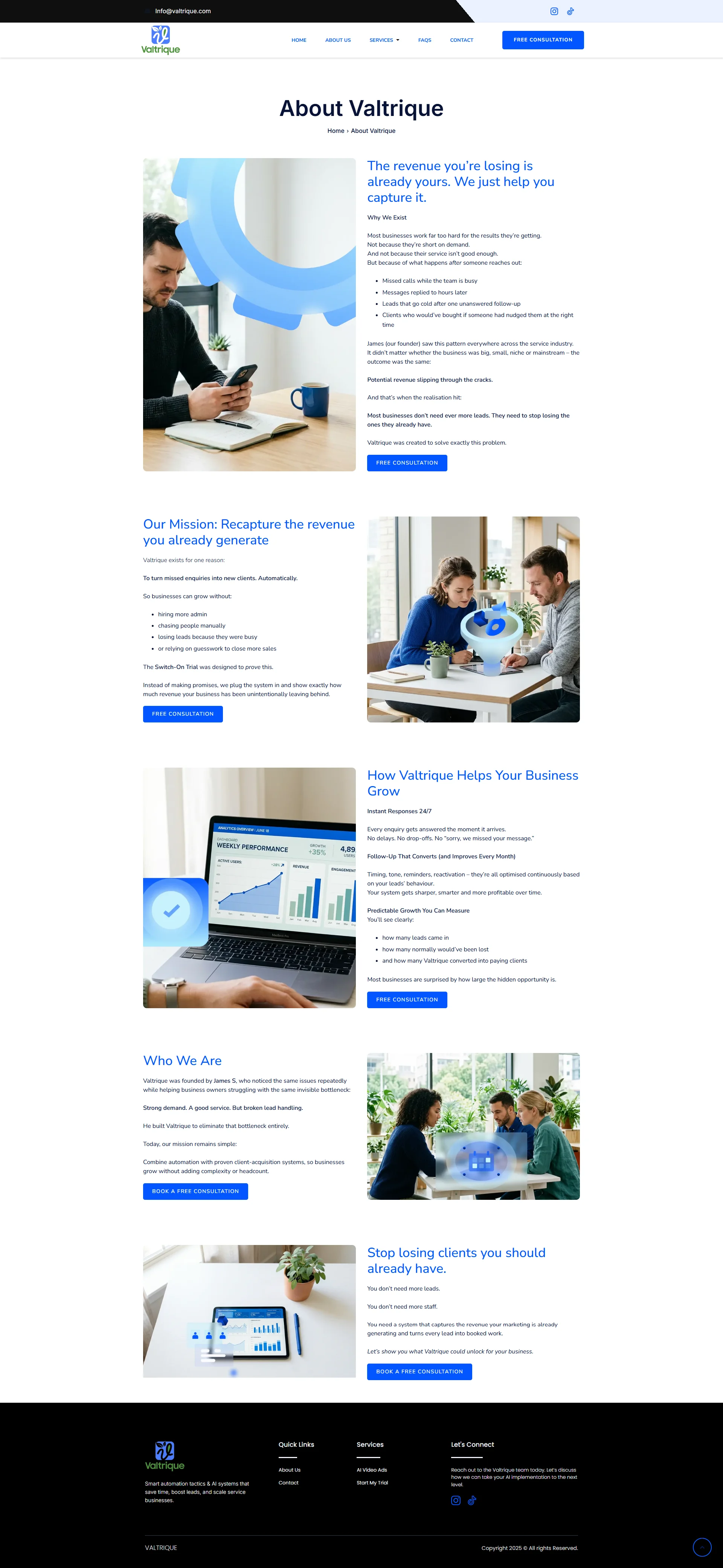 An "About Us" page for an AI-powered business automation agency, featuring sections on company mission, growth strategies, and team identity, illustrated with professional office imagery and technical graphics.