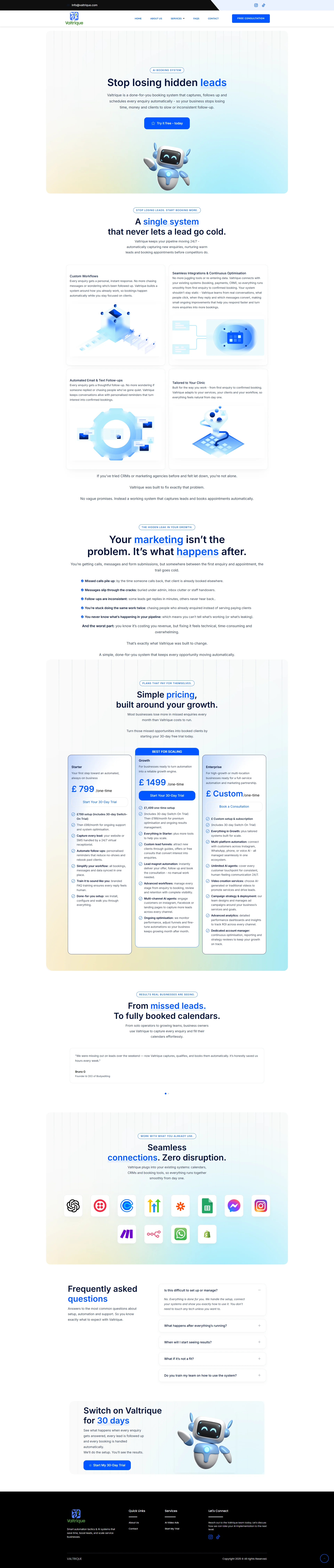 A landing page for an AI booking and lead management system featuring a hero section with a robot mascot, technical workflow diagrams, a three-tier pricing table, an integration partner grid, and an FAQ section.