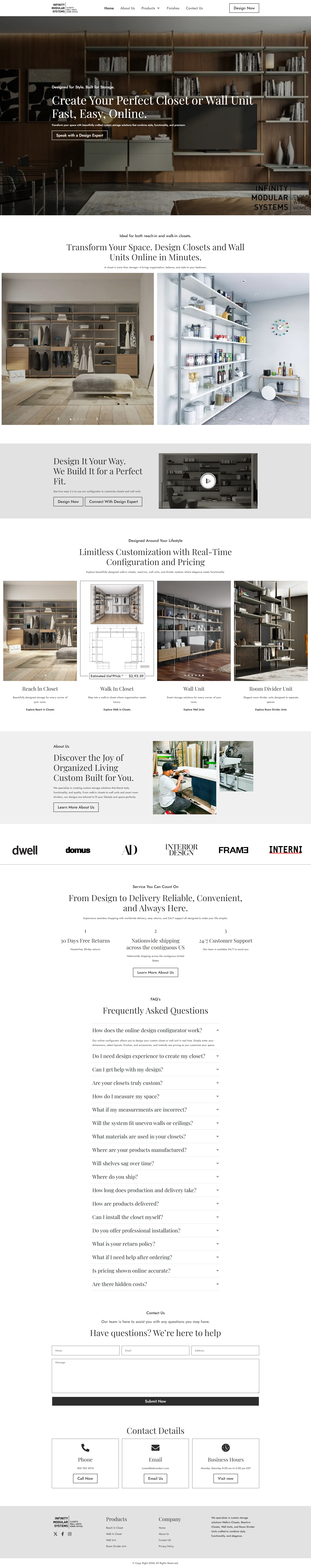 A custom modular furniture landing page featuring high-end interior photography of shelving and closet systems, a customizable product grid, media logos for social proof, and a detailed FAQ and contact section.