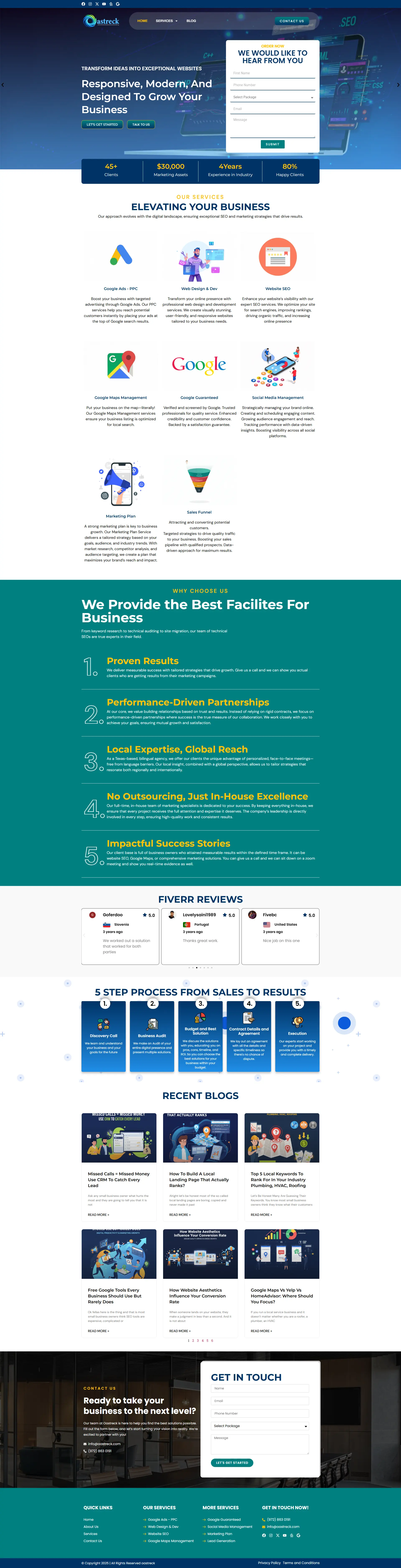 A digital marketing agency landing page featuring a hero section with a lead capture form, a service grid with icons for SEO and Google Ads, a "Why Choose Us" section with numbered highlights, client reviews, a five-step process diagram, and a recent blogs gallery.