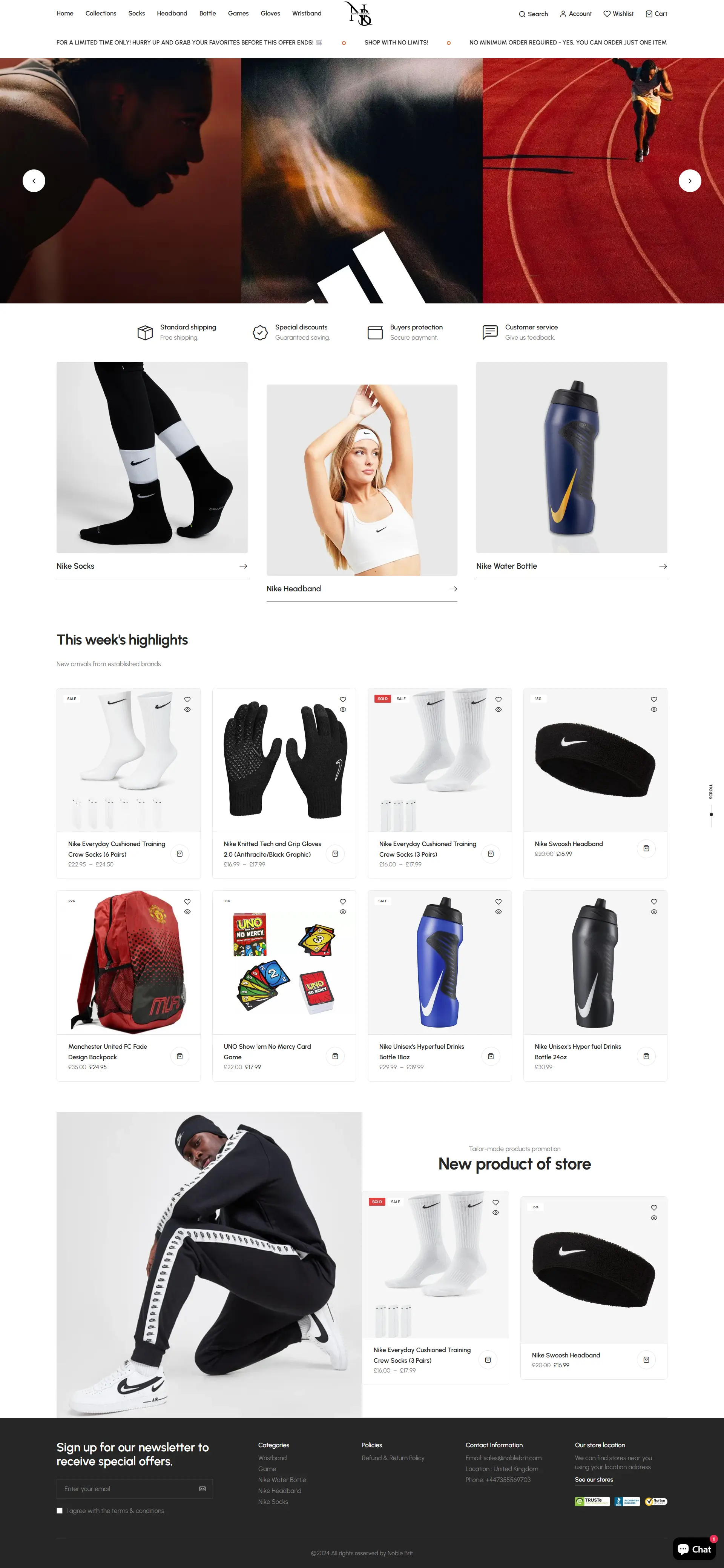 A high-conversion e-commerce landing page for a sports apparel brand featuring an athletic hero slider, a curated product grid for fitness accessories, and a "New Arrivals" section with minimalist lifestyle photography and a dark professional footer.