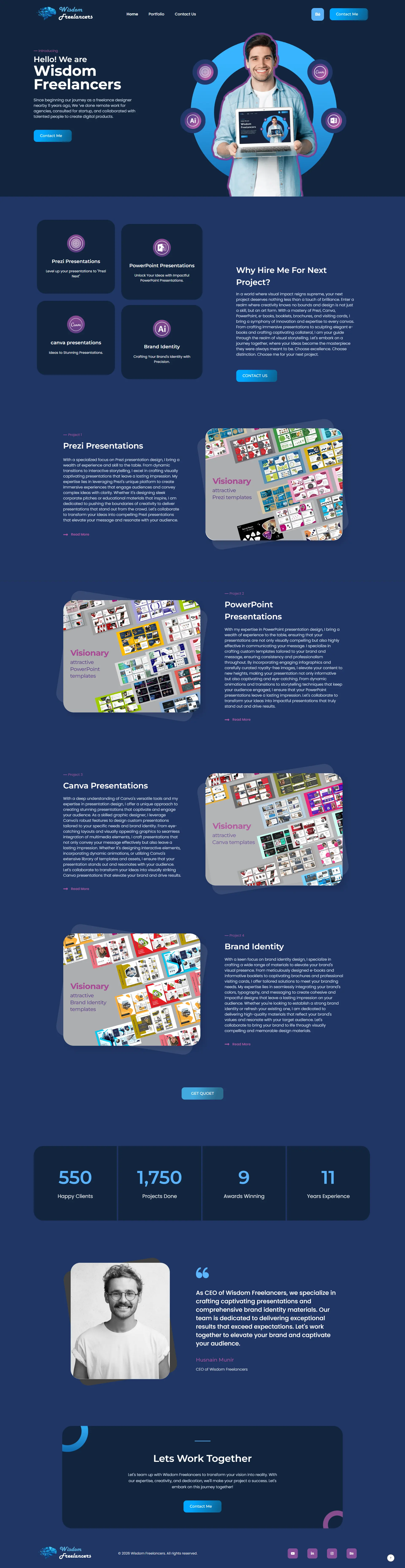 A professional portfolio landing page featuring a dark blue theme, presentation design service sections, project statistics, a client testimonial, and a "Let's Work Together" call-to-action.