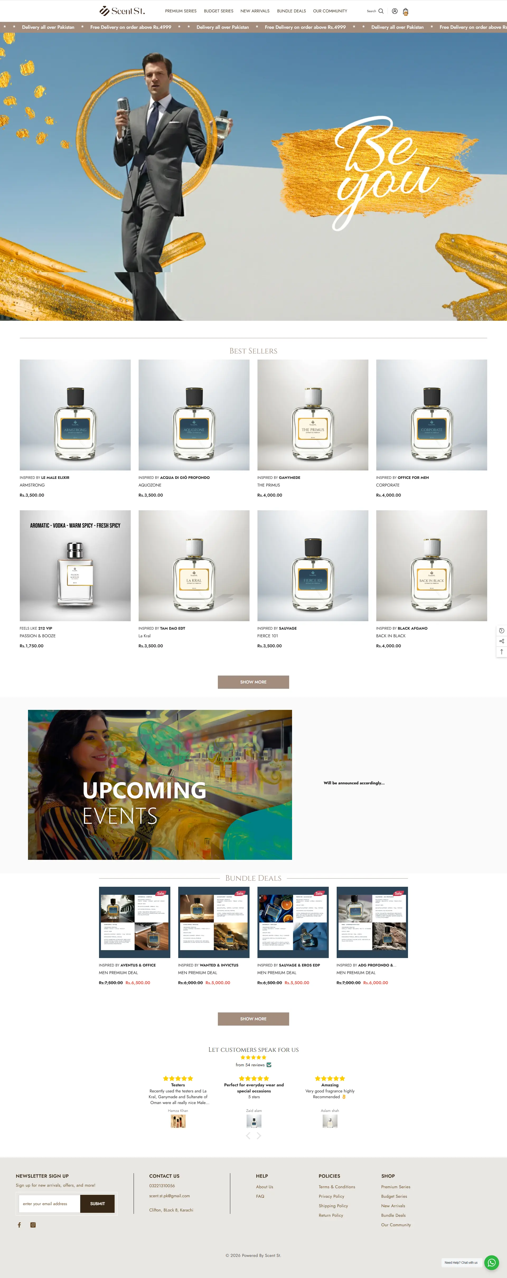 A premium perfume e-commerce landing page featuring a "Be You" hero banner with a sophisticated male model, a "Best Sellers" product grid of luxury fragrances, bundle deals, an upcoming events section, and customer reviews with a minimalist gold and white aesthetic.