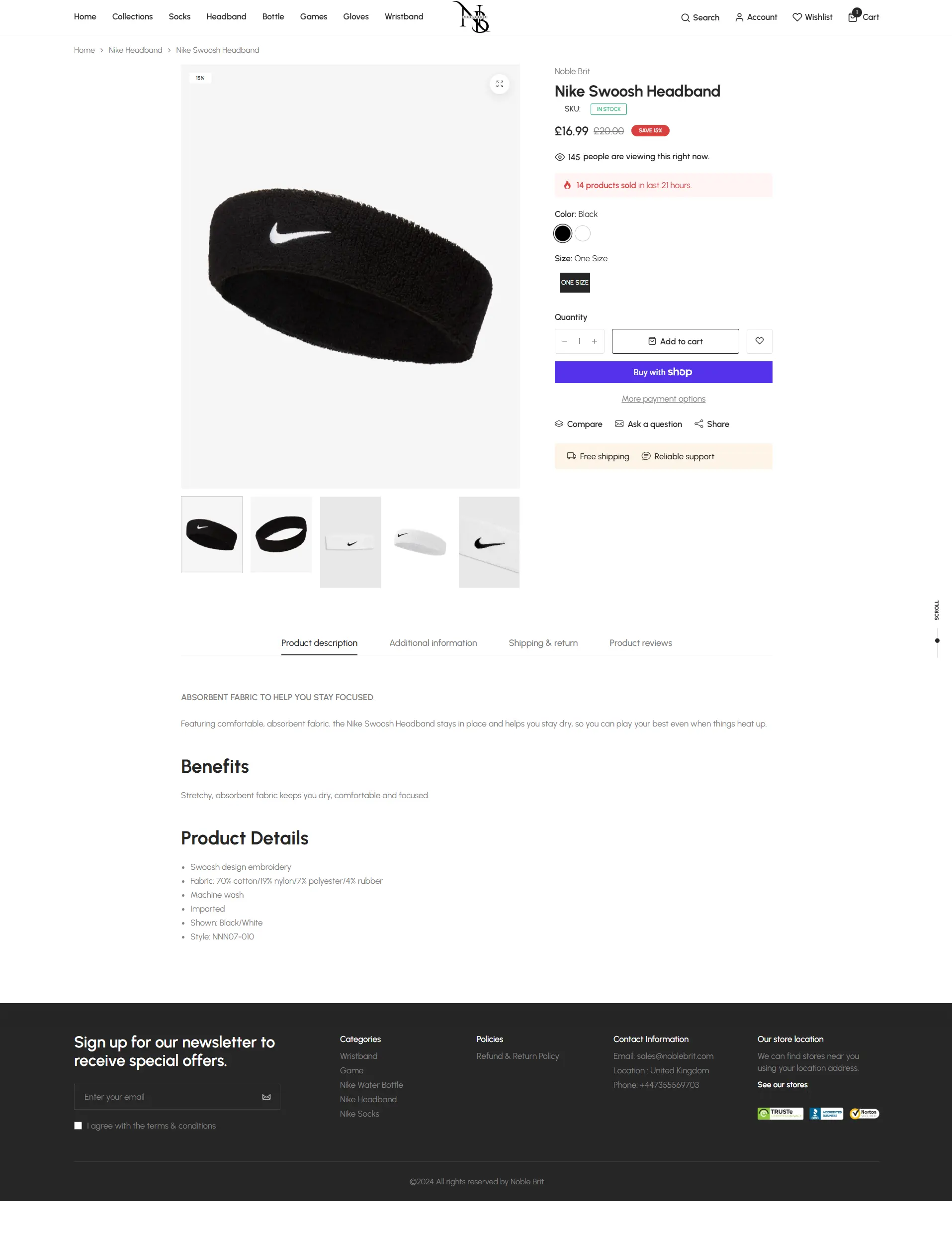 E-commerce product page for a Nike Swoosh Headband featuring a high-resolution product gallery, pricing in GBP with a discount badge, "Add to Cart" and "Buy with Shop" buttons, detailed benefits list, and a professional dark footer.