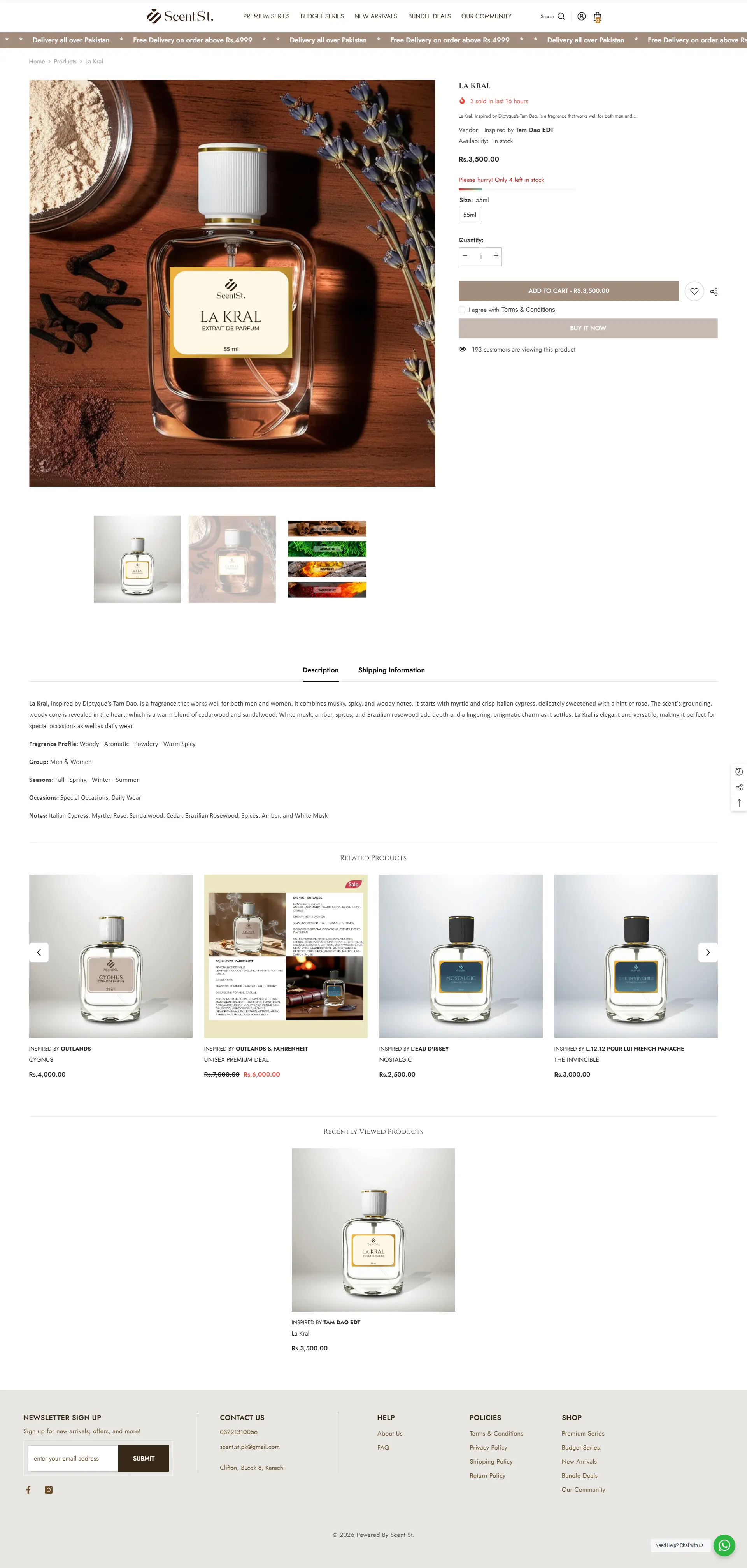 E-commerce product page for "LA KRAL" Extrait de Parfum featuring a luxury bottle with lavender accents, pricing in PKR, "Add to Cart" and "Buy It Now" buttons, fragrance profile details, and a "Related Products" carousel.