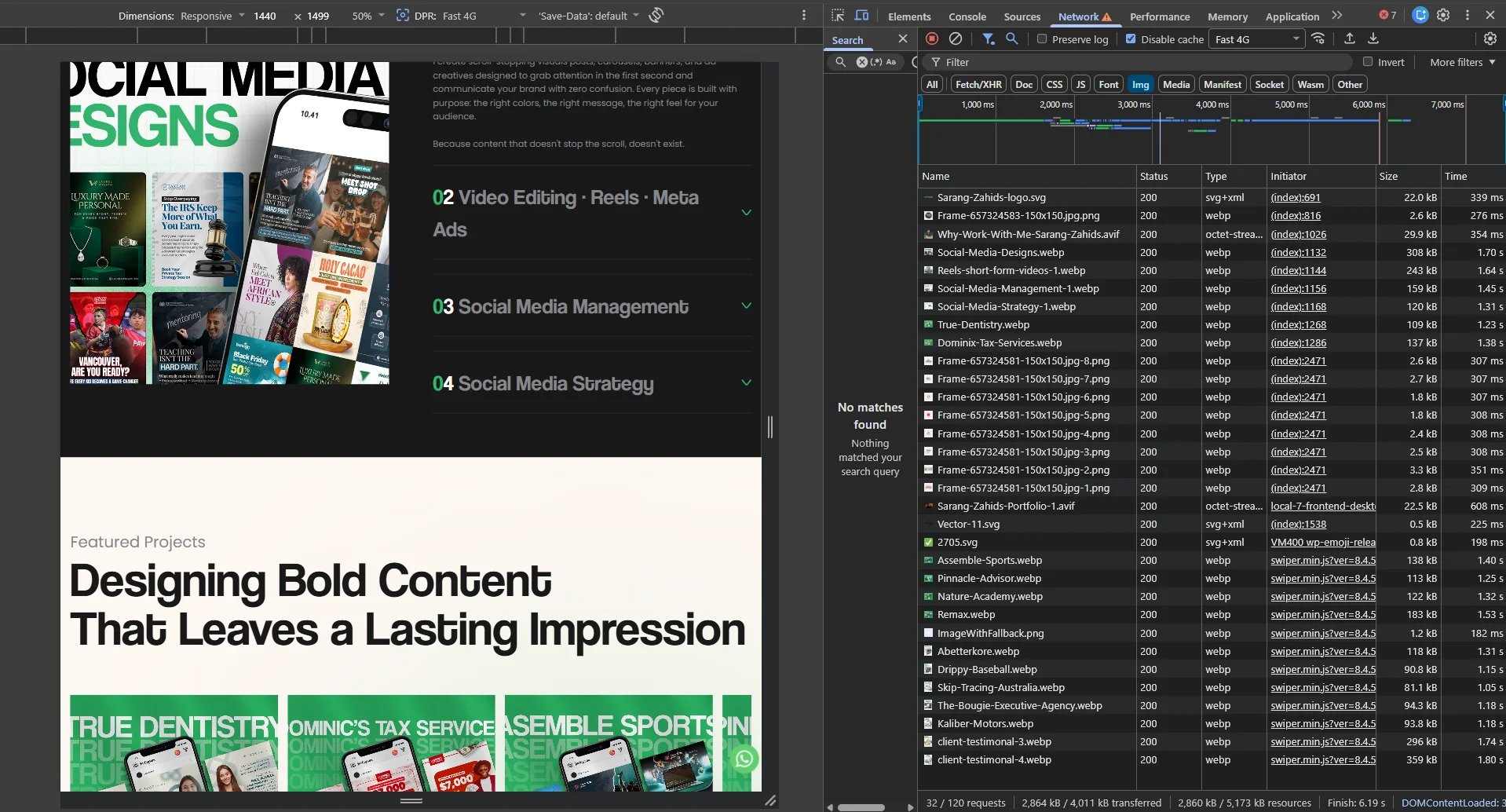 Chrome DevTools Network tab showing image requests served as WebP and AVIF on a WordPress site.