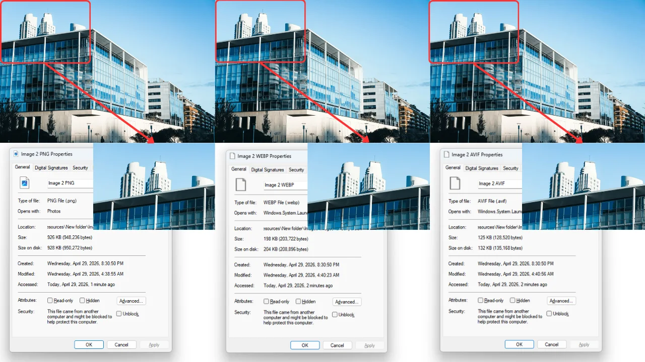 Side-by-side comparison of image compression results: PNG at 926KB vs next-gen WebP at 198KB and AVIF at 125KB for WordPress site speed optimization.