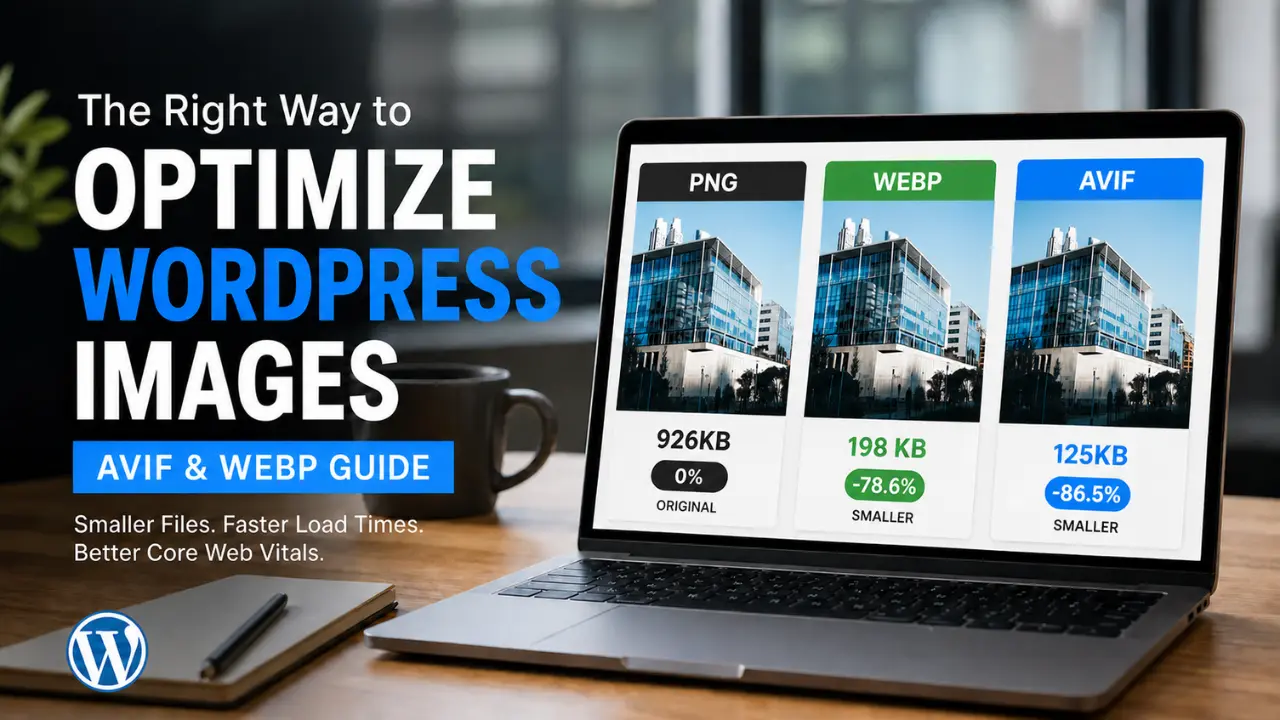 Comparison chart on a laptop screen showing WordPress image optimization: PNG (926KB), WebP (198KB), and AVIF (125KB) with percentage reductions.