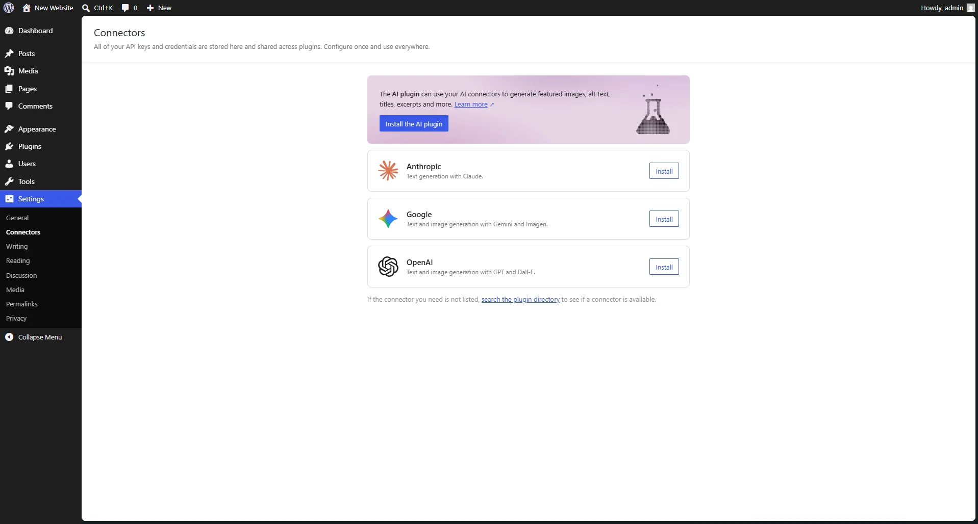The WordPress 7.0 Connectors settings page showing options to connect native AI platforms including Anthropic, Google, and OpenAI.