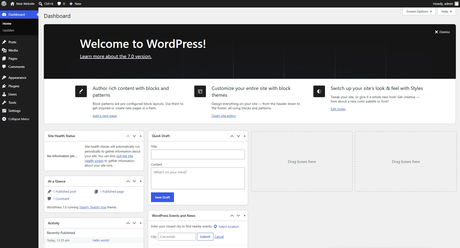 The official dark-themed WordPress 7.0 admin dashboard screen featuring a "Welcome to WordPress!" banner link to the 7.0 version details.