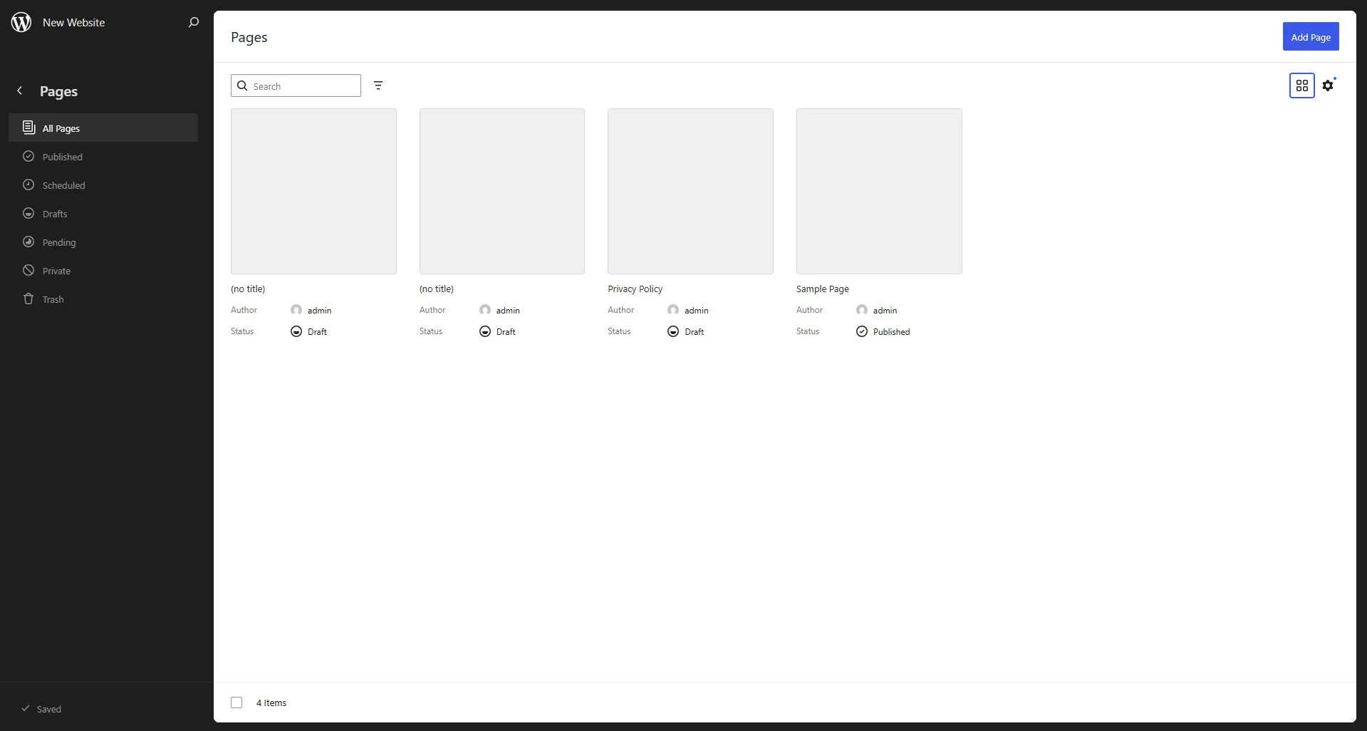 The WordPress 7.0 DataViews interface showing site pages organized in a clean, modern grid layout.