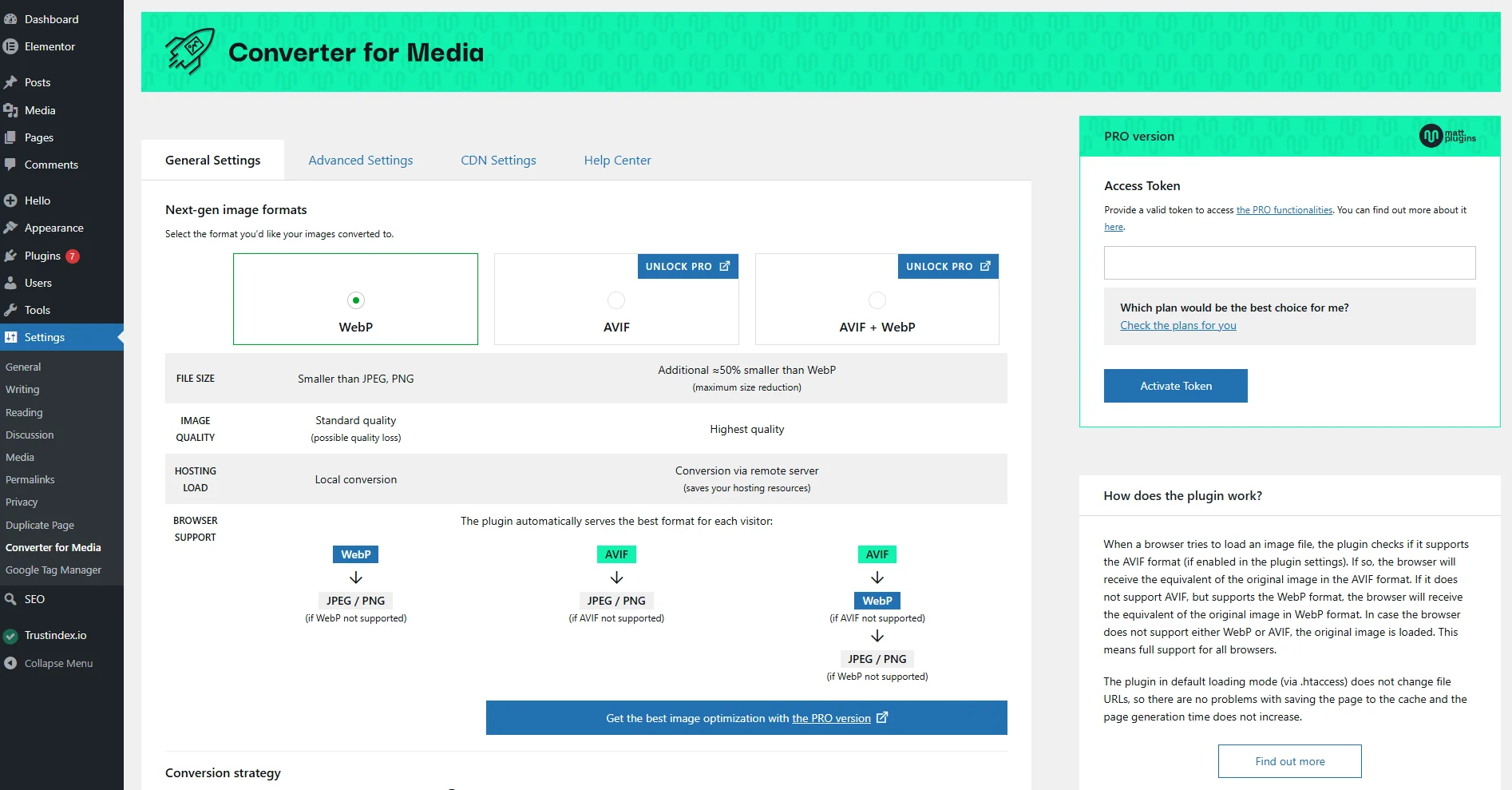 Screenshot of WordPress image optimization plugin (Converter for media) settings, highlighting options to convert images to WebP and AVIF for better site performance.