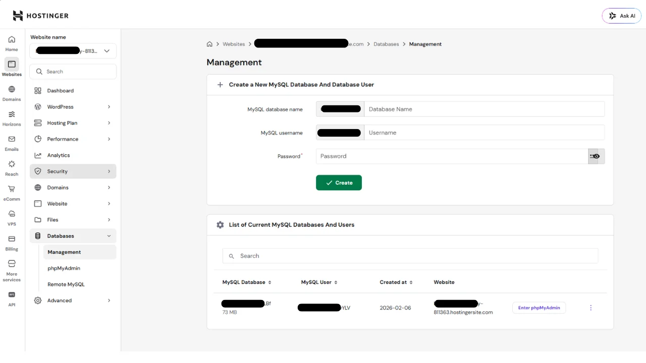 Hostinger hPanel dashboard showing MySQL database management and user credential settings.