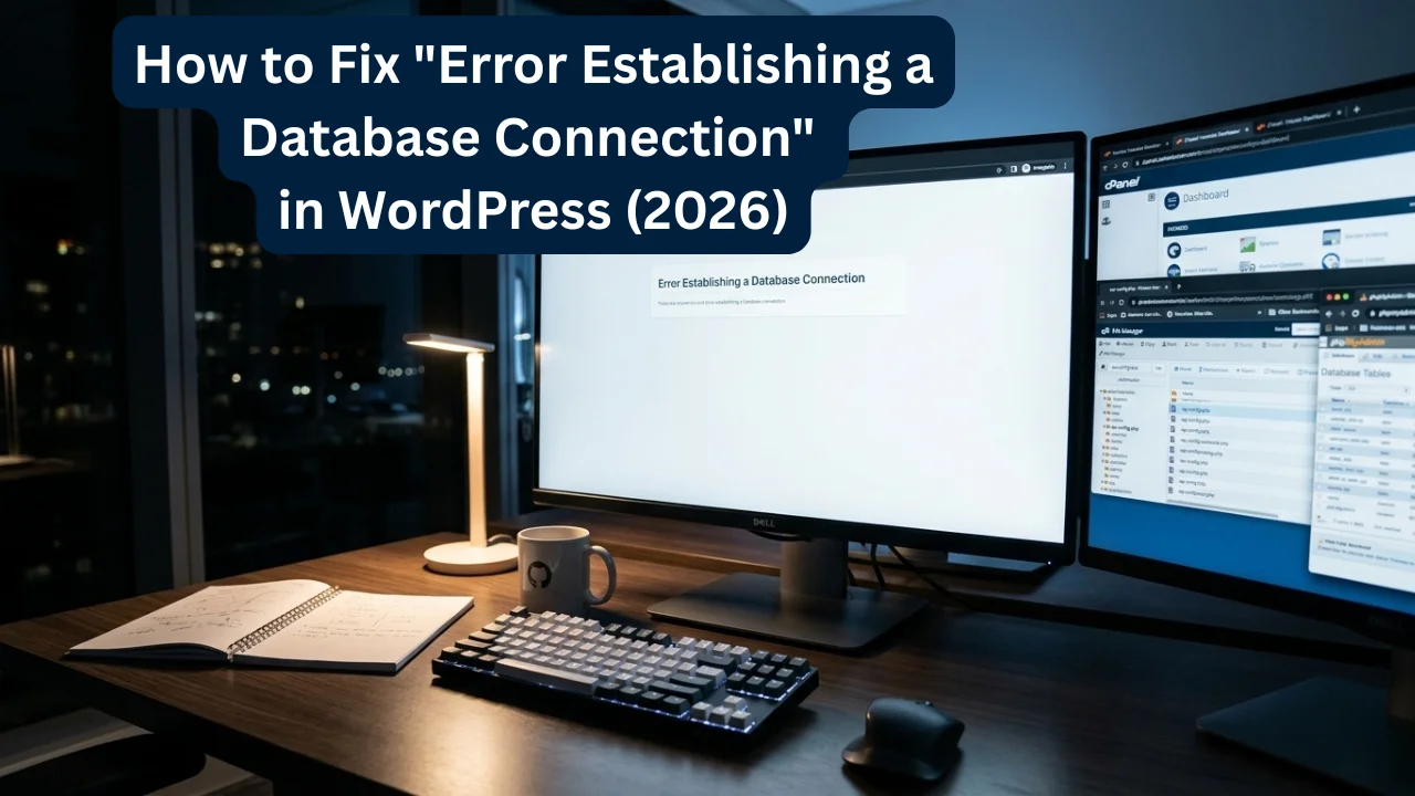 Developer desk setup showing a WordPress database connection error and cPanel dashboard with a 2026 troubleshooting guide overlay.