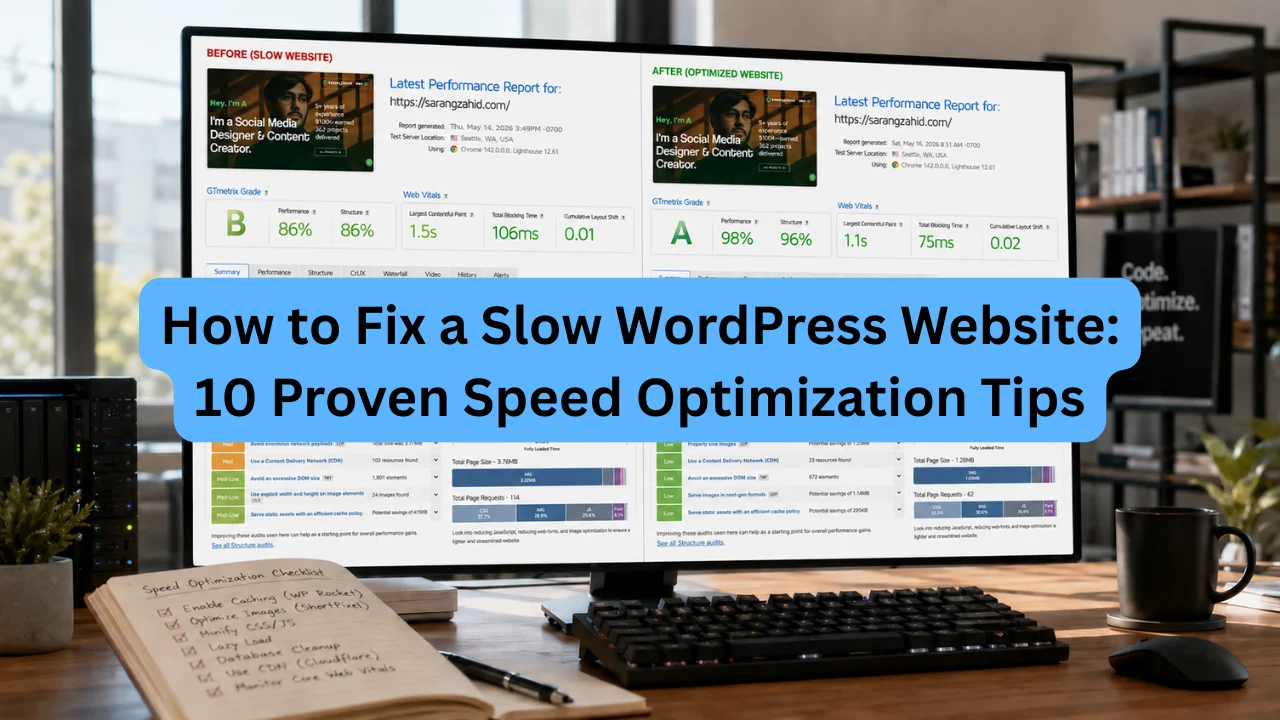 Blog featured image showing a desktop monitor with a before-and-after GTmetrix performance report comparison and the title text "How to Fix a Slow WordPress Website: 10 Proven Speed Optimization Tips."